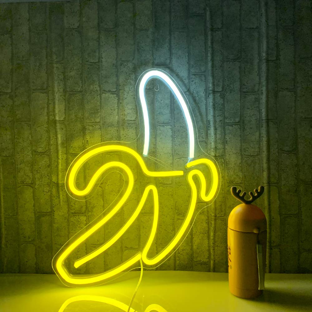 Wanxing LED Neon Sign - Banana Wall Art Light, Warm Yellow, 11inx19.7in, Plastic Decoration for Kids Bedroom and Party