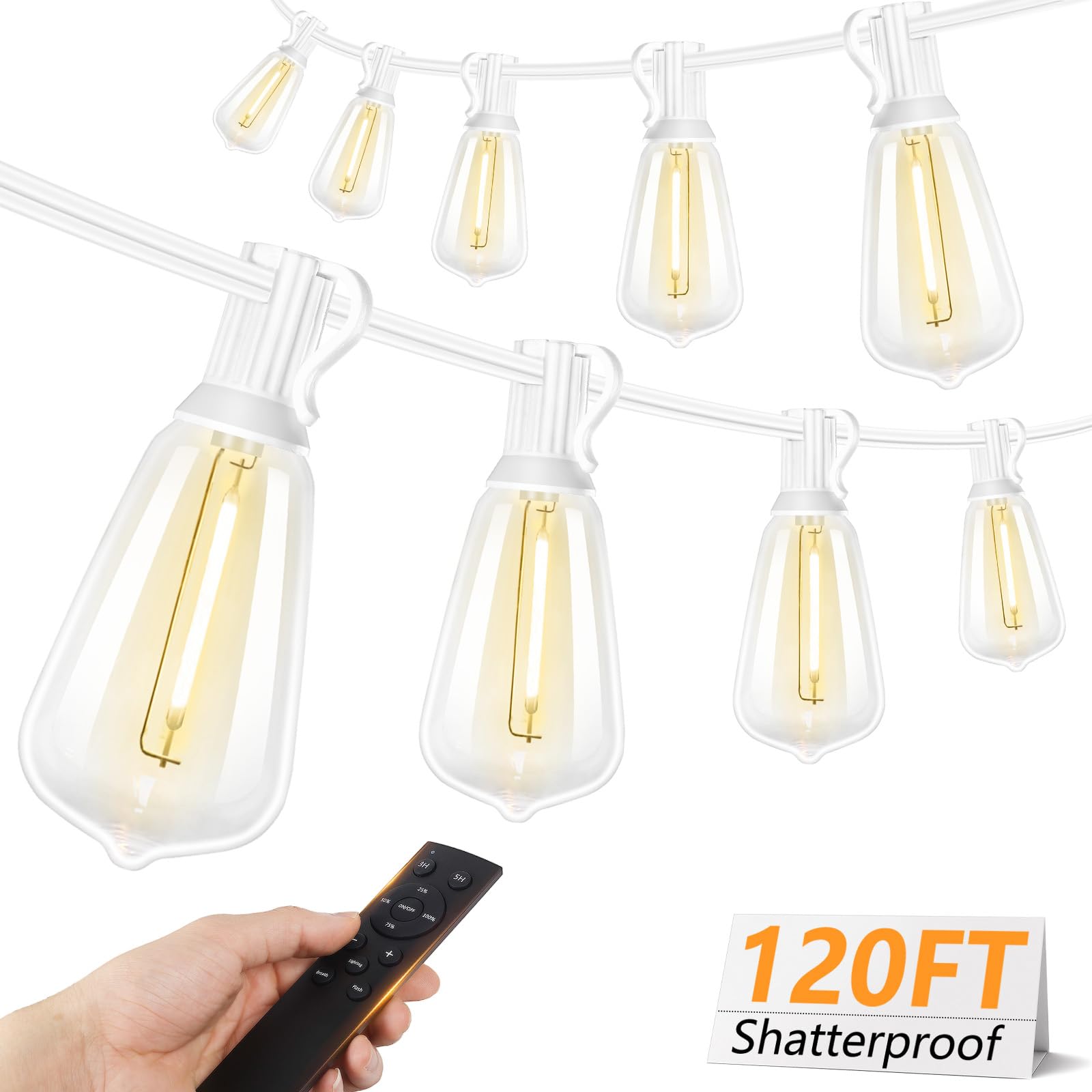 Brightever 120FT LED Outdoor String Lights with Remote  Patio Lights Outdoor Waterproof with 38 Shatterproof Edison Bulbs  Dimmable Outside Hanging Light for Birthday  Party  Christmas Decor  White