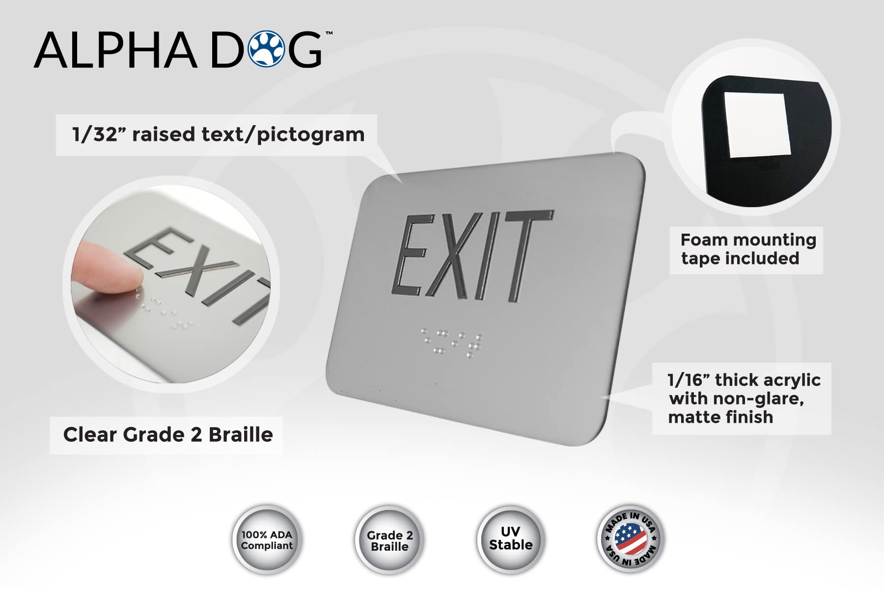 Alpha Dog Ada Signs Braille Exit Sign 3X5 Inch Ada Compliant Indoor Outdoor Business Easy Install Usa Made (Brushed Stainless)