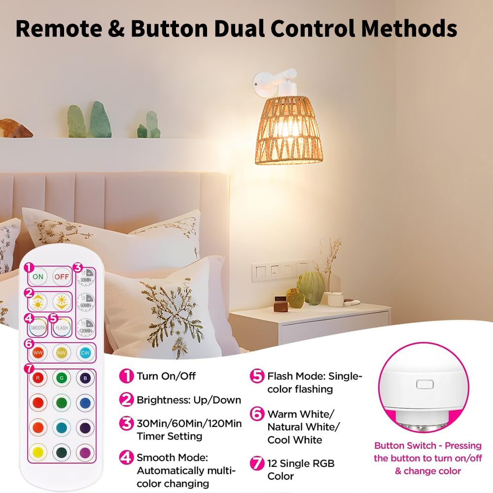 OIYIO Battery Operated Wall Sconce Set of 2, USB Rechargeable Rattan Lighting, White, 6.3in, Remote Control, RGB Color Modes