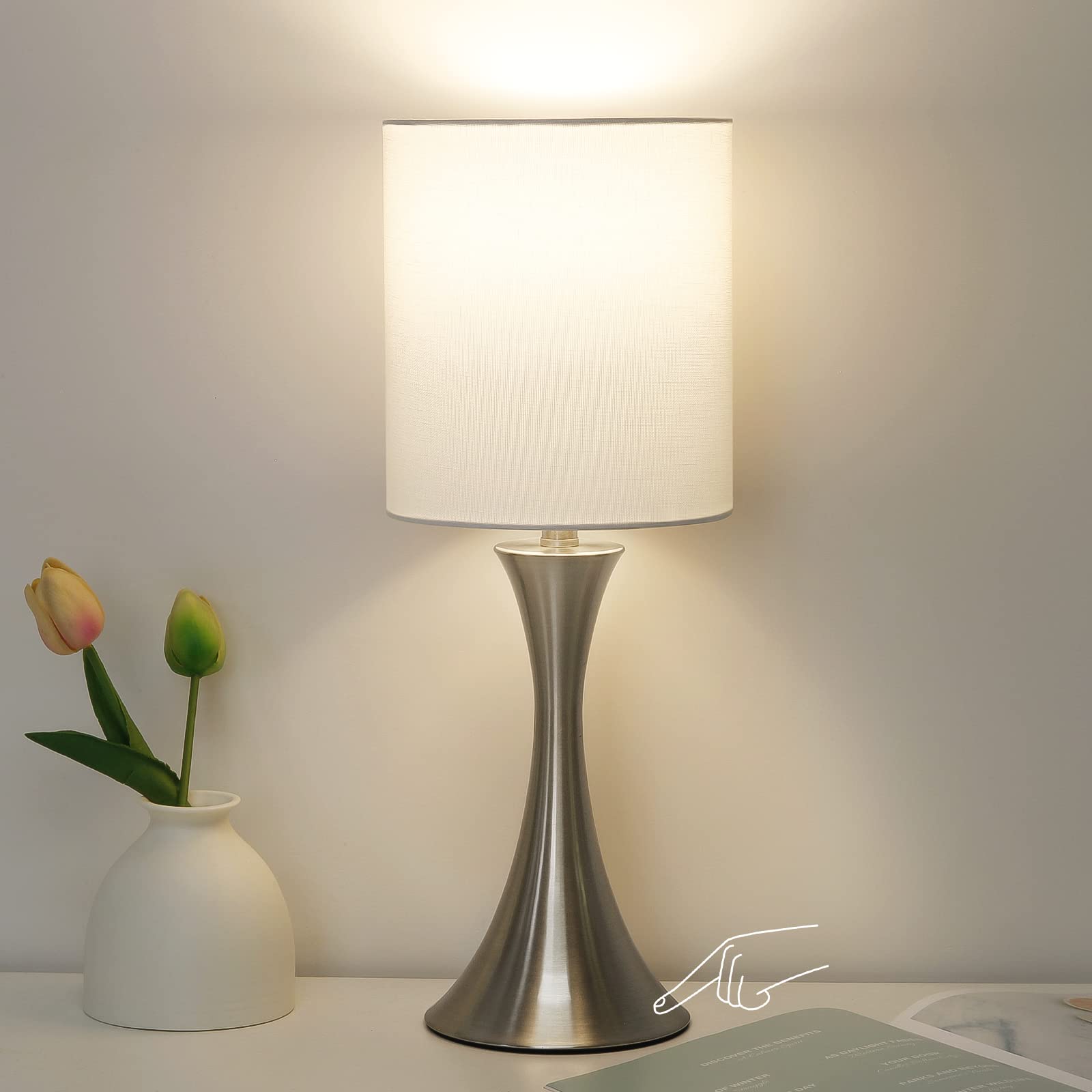 Touch Control Table Lamp, 3-Way Dimmable Bedside Lamp for Living Room, Modern Nightstand Lamp for Bedroom, Silver Table Lamp wit