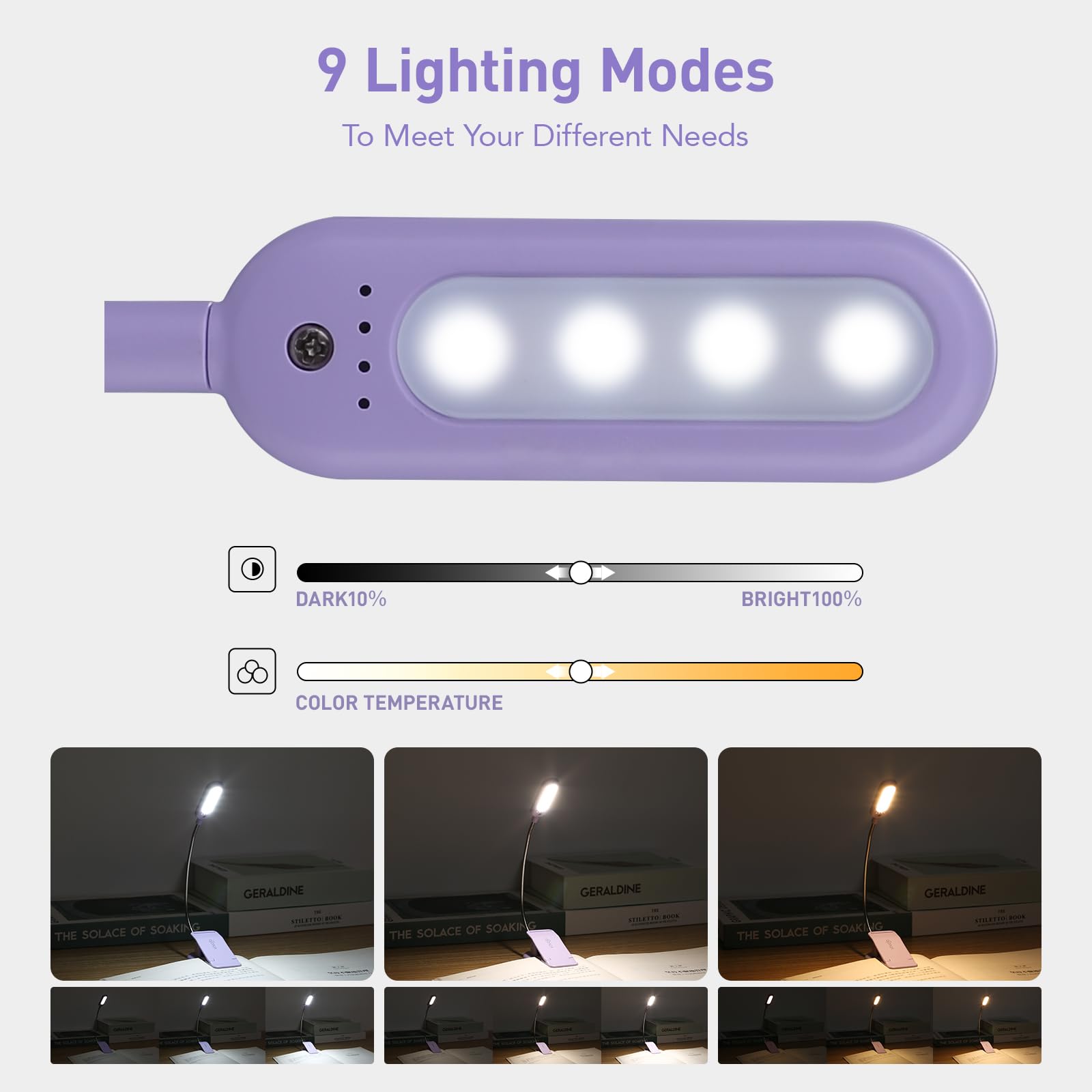 VAVOFO Rechargeable Book Light 7 LED Eye Care Lamp 9-Level Brightness B71 Purple KM-6720