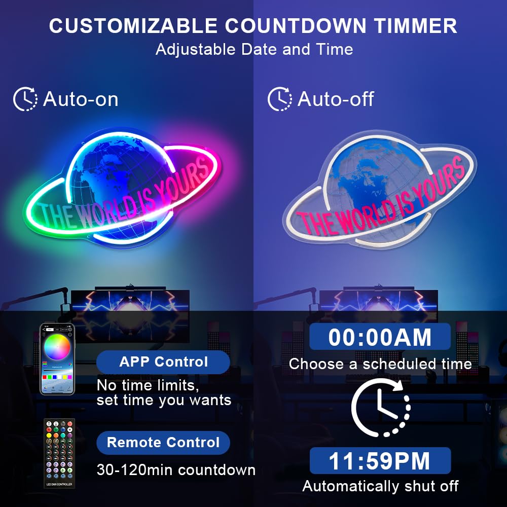 The World Is Yours Neon Sign - Custom Timer Multicolor The World Is Yours Sign - Switch/APP/Remote Control Planet LED Sign - Pla
