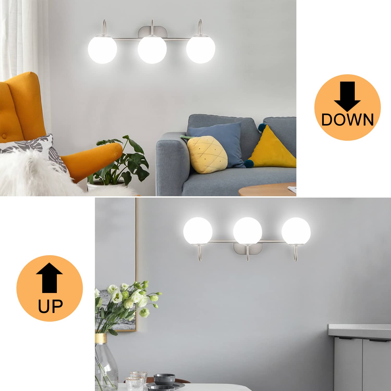 Zhuoer Brushed Nickel Bathroom Vanity Light Fixtures 3 Lights Milk White Glass Globe Shade Modern Wall Sconce Lighting Bath Vanity Lights Bar Over Mirror (Exclude G9 Bulb)