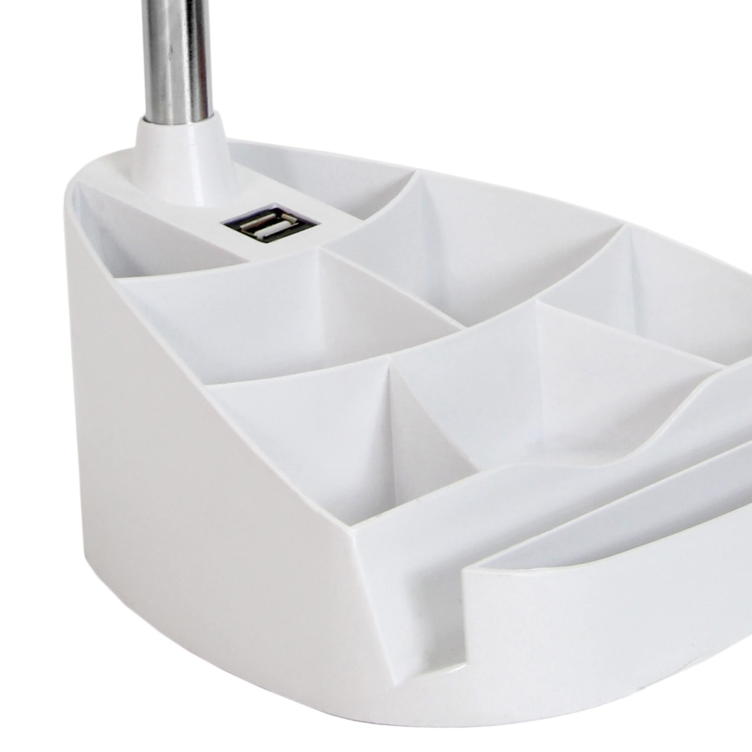 Simple Designs Ld1056-Wht Gooseneck Organizer Desk Lamp With Ipad/Tablet Stand Or Book Holder And Usb Port, White