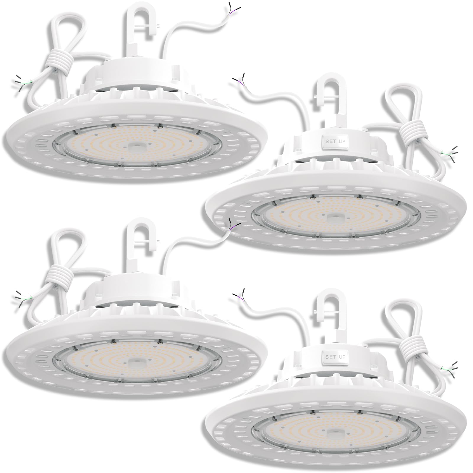 G GJIA 4PACK UFO LED High Bay Light, High Bay Led Shop Lights for Warehouse Barn Factory, 5000K Daylight, 150W, 100-277V, Dimmab