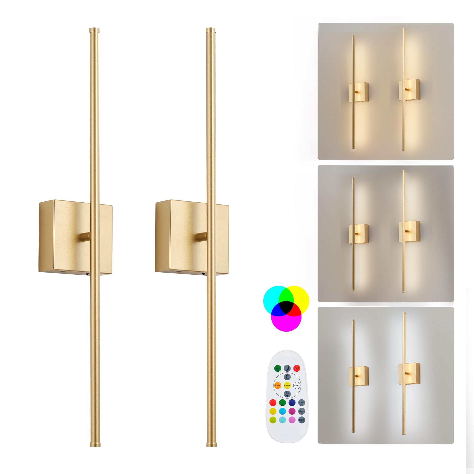 KARTOOSH Wireless Wall Sconces Set of Two, Dimmable LED, 28.3 Inch, Gold (RGB Colors), Remote Control, Model ZM210BGDR70