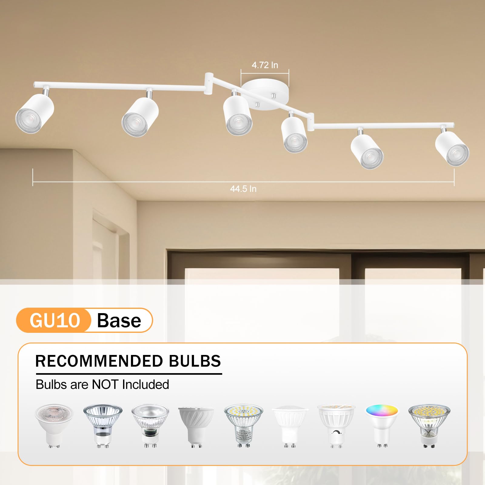 Boostarea Led 6 Light Track Lighting Kit, White 6 Way Ceiling Spot Lighting, Flexibly Rotatable Light Head For Kitchen, Living R