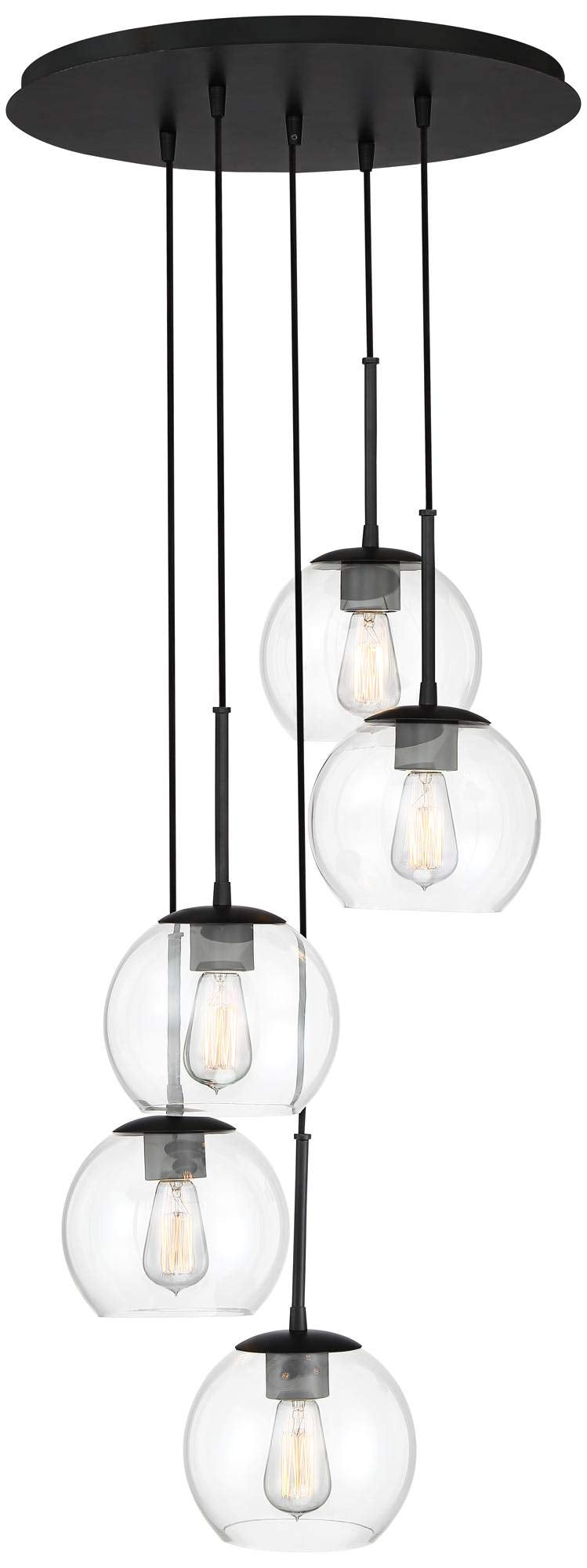 Possini Euro Design Black Pendant Chandelier Lighting 5-Light Modern Clear Glass 19.5in Fixture for Dining Room, Kitchen, Entryway