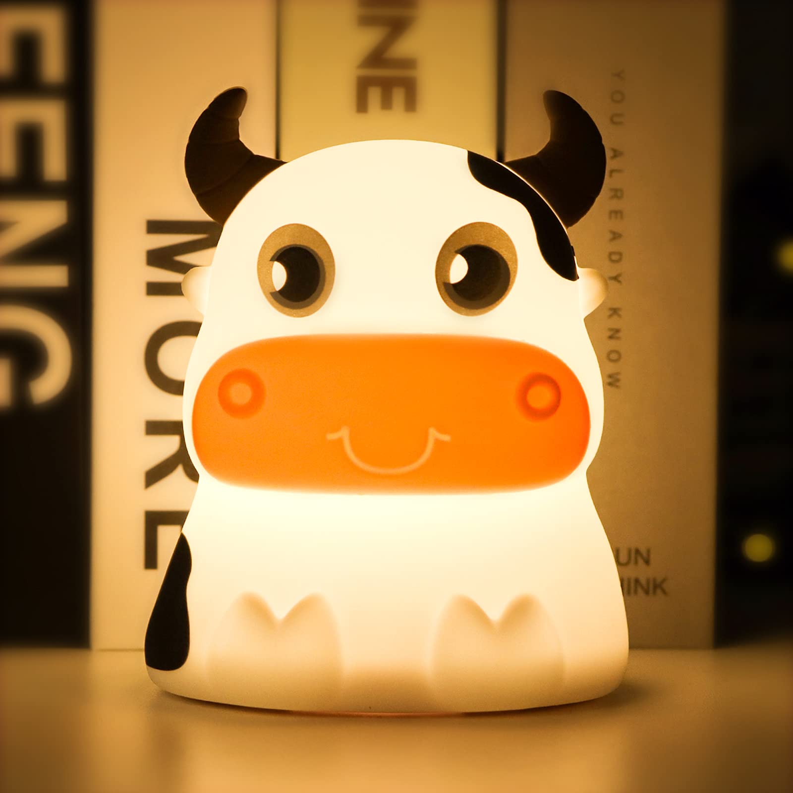 AVEKI Night Light for Kids, Portable Silicone Lamp, Color Changing, Cows-USB, Rechargeable, Cute Cow Design