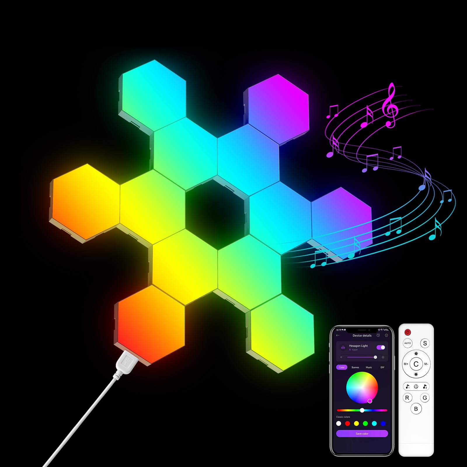 OJQ 12 Pack Hexagon Lights Wall RGB Panel - Smart APP RGB Hexagonal Modular Gaming Light Music with Sync Honeycomb Shape Panels 