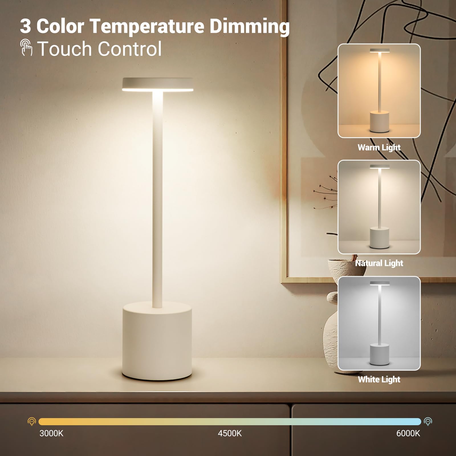 Zoopeen Cordless Table Lamp Rechargeable 5200Mah Battery Operated Touch Desk Lamp 3 Color Stepless Dimming Bedside Lamps Modern