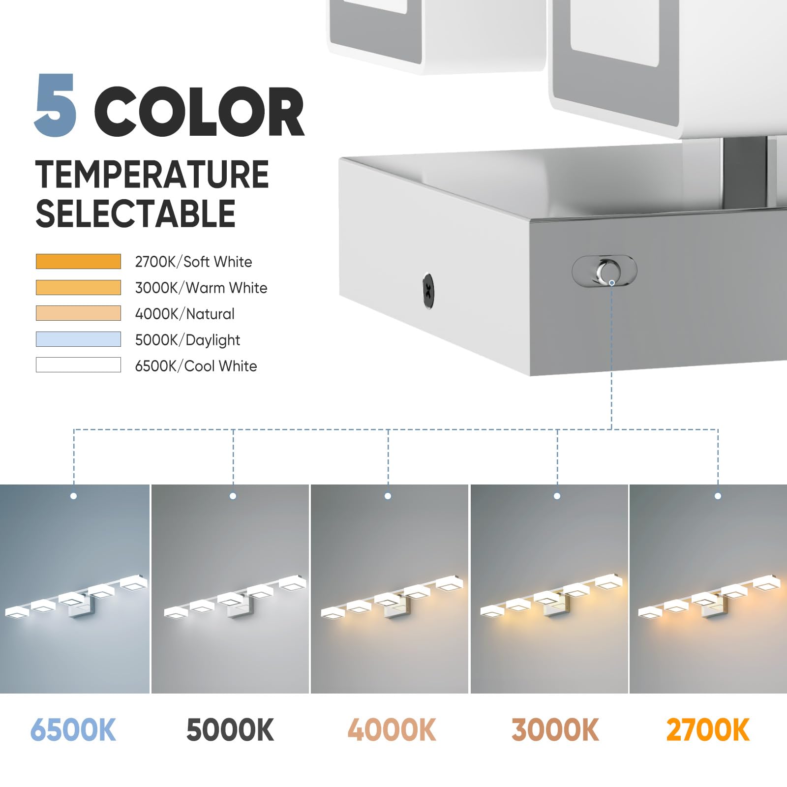 MYTH REALM 5-Light Dimmable LED Bathroom Vanity Light Fixture, Chrome Acrylic, 33 inch, Model LJQ02-L5T-CH, Adjustable 2700K-6500