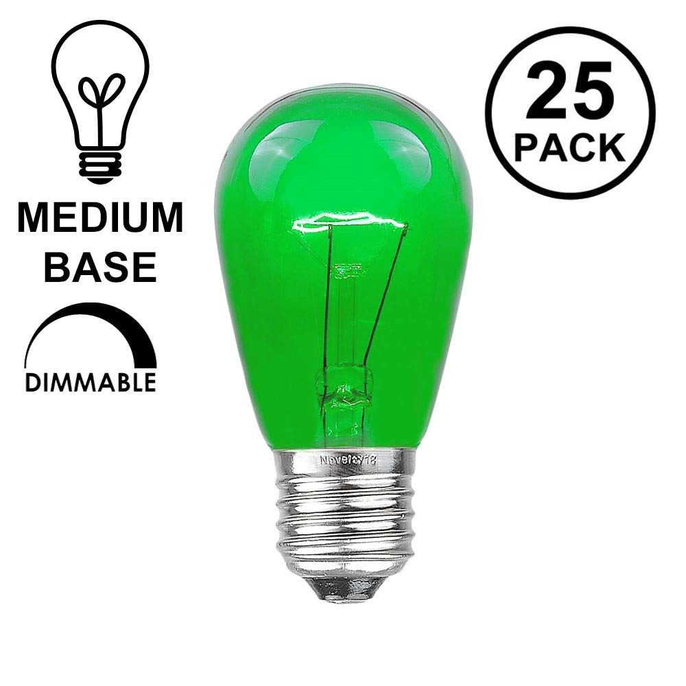 Novelty Lights 25 Pack S14 Outdoor Patio Edison Replacement Bulbs, E27 Medium Base, Green, 11 Watt