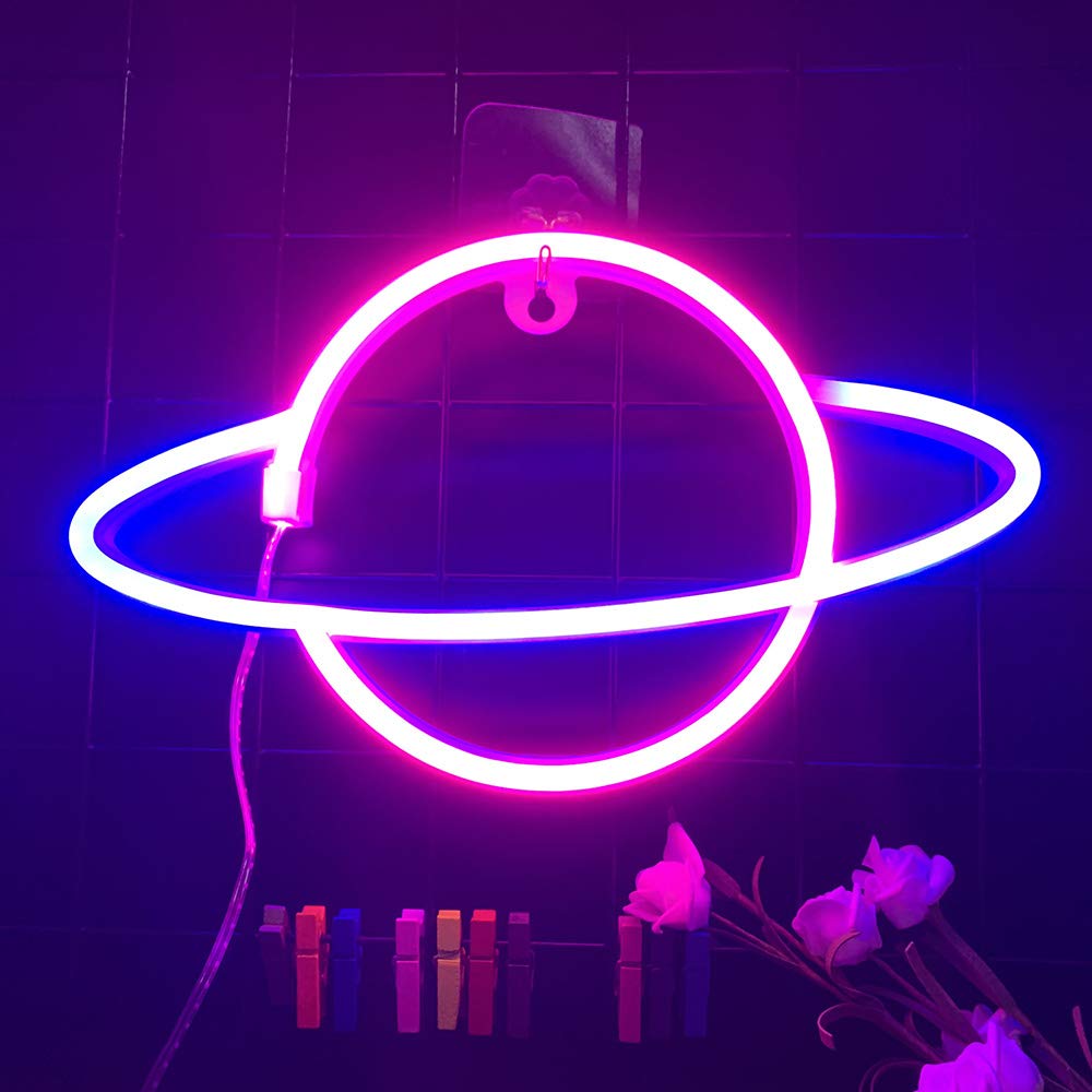 Blue Pink Color Galaxy Planet Neon Sign Light Glow in The Dark Ceiling Hanging Home Wall Party Decor,LED Hang Planets Neon Sign