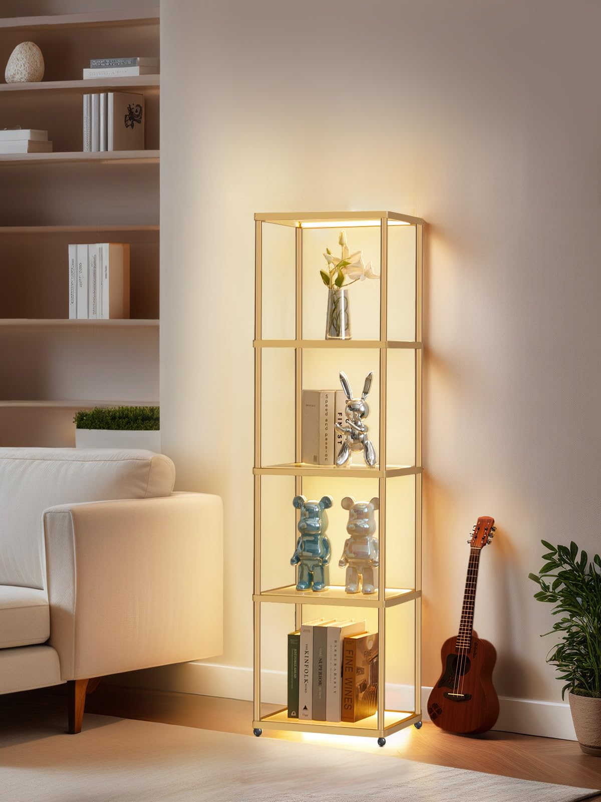 MANBUR Display Shelf with Dimmable LED Floor Lamp, 5-Tier, 58.2inH x 15.7inL x 12.6inW, Iron, Gold, Model d