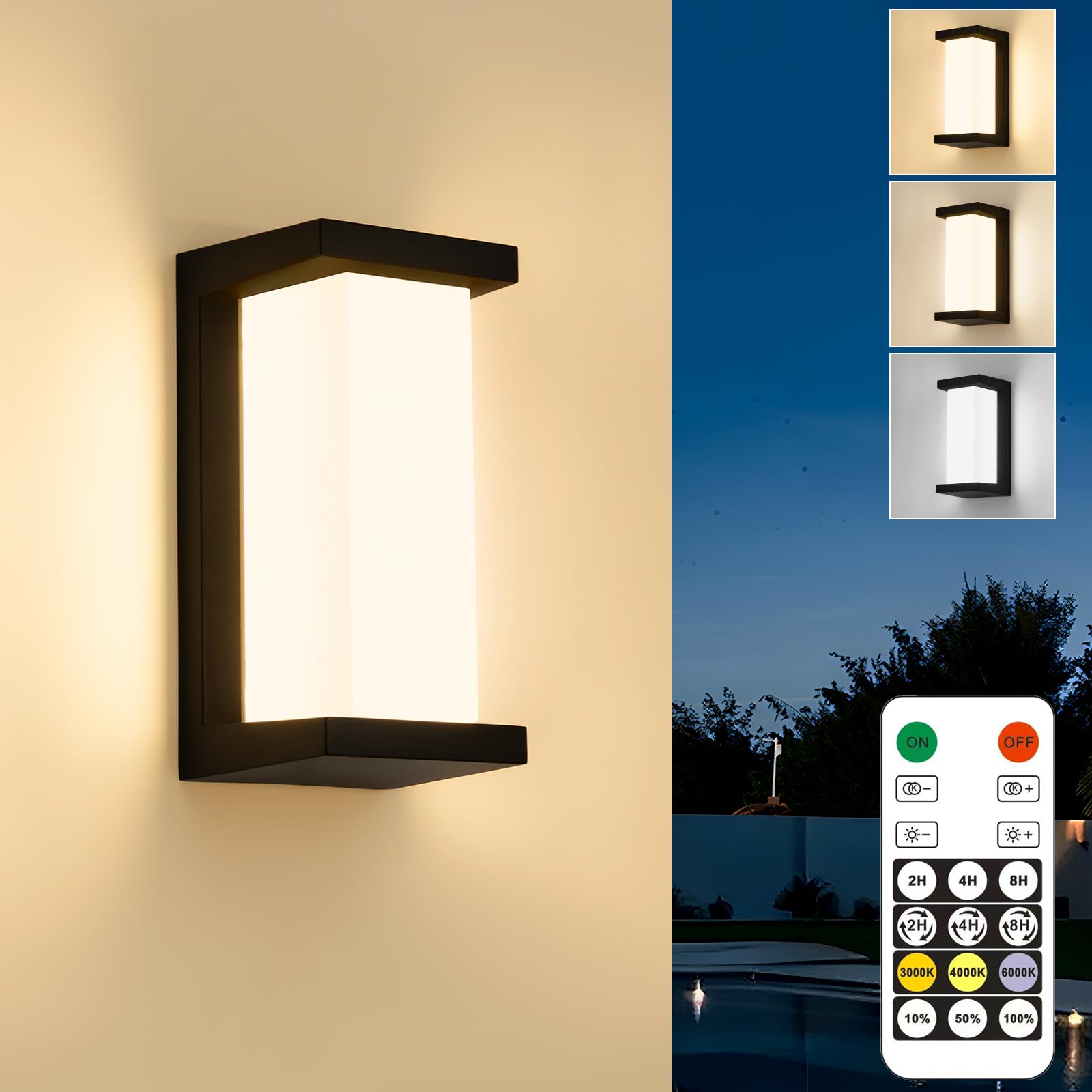 ZOOPEEN 24W LED Porch Light Outdoor Wall Sconce, Remote Control, Dimmable, Waterproof, Black, Model Z-3CCTRCWL, 1 Pack