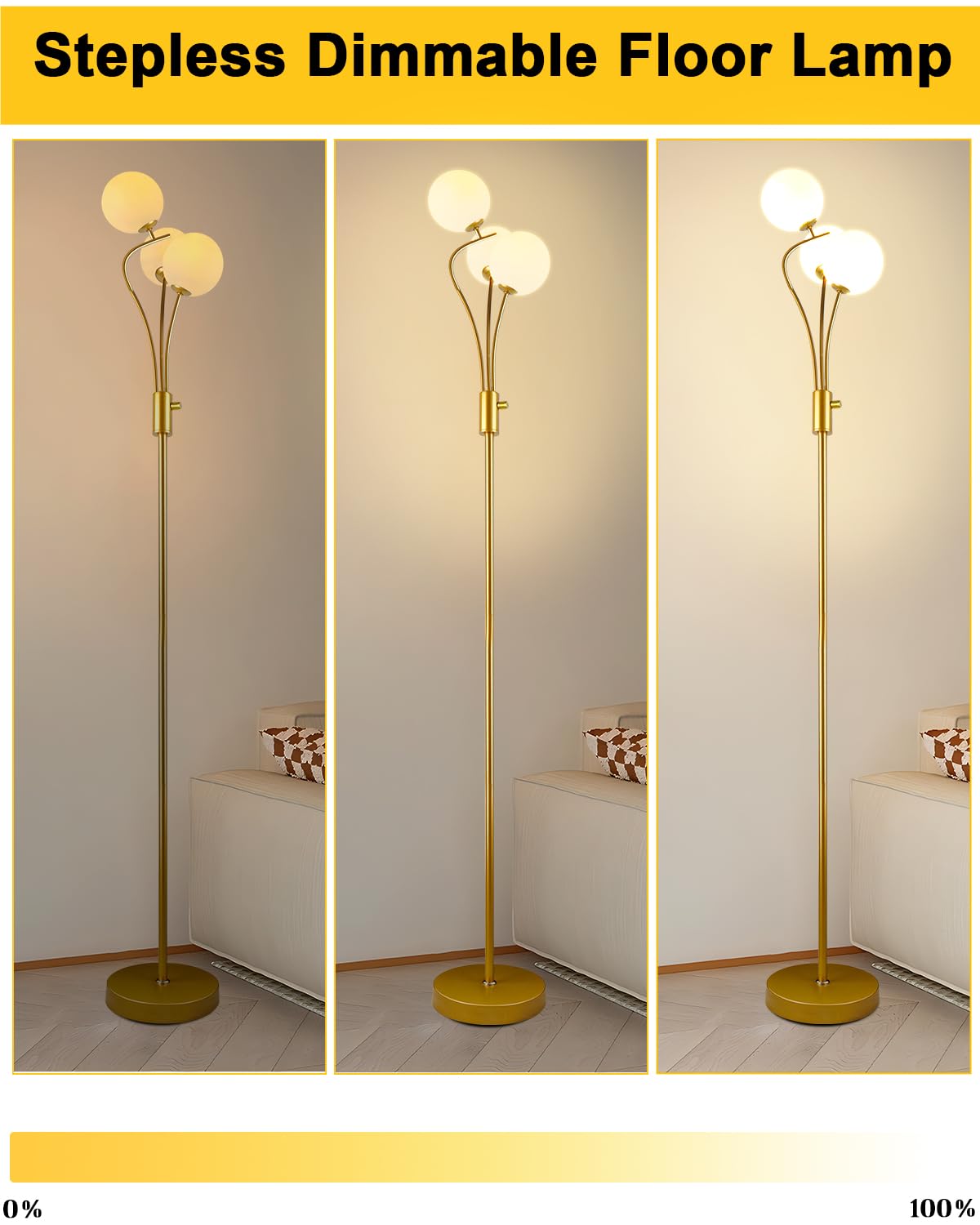 Lightdot Globe Standing Lamps With 3Pcs 3000K G9 Bulbs Stepless Dimmable Gold Floor Lamp With Stable Base 3-Lights Modern Design