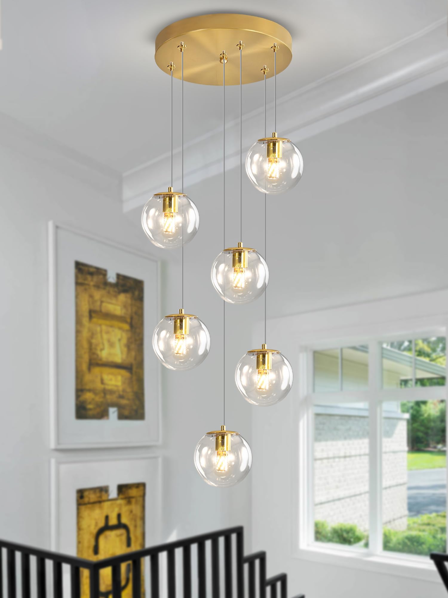 ykolupty 6-Light LED Staircase Modern Glass Globe Pendant Light Gold Chandeliers Large Chandeliers for High Ceilings, Entryway L