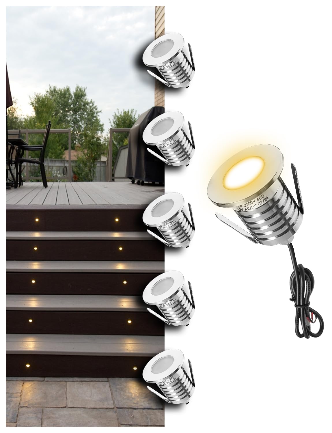 Low Voltage Deck Light 6 Pack  3W 250LM Landscape Lighting  f48 mm Recessed LED Outdoor Step Stair Lights  Full 304 Stainless Steel Deck Lighting Wired for Outside Floor Yard (SG06  6-Pack 2700K)