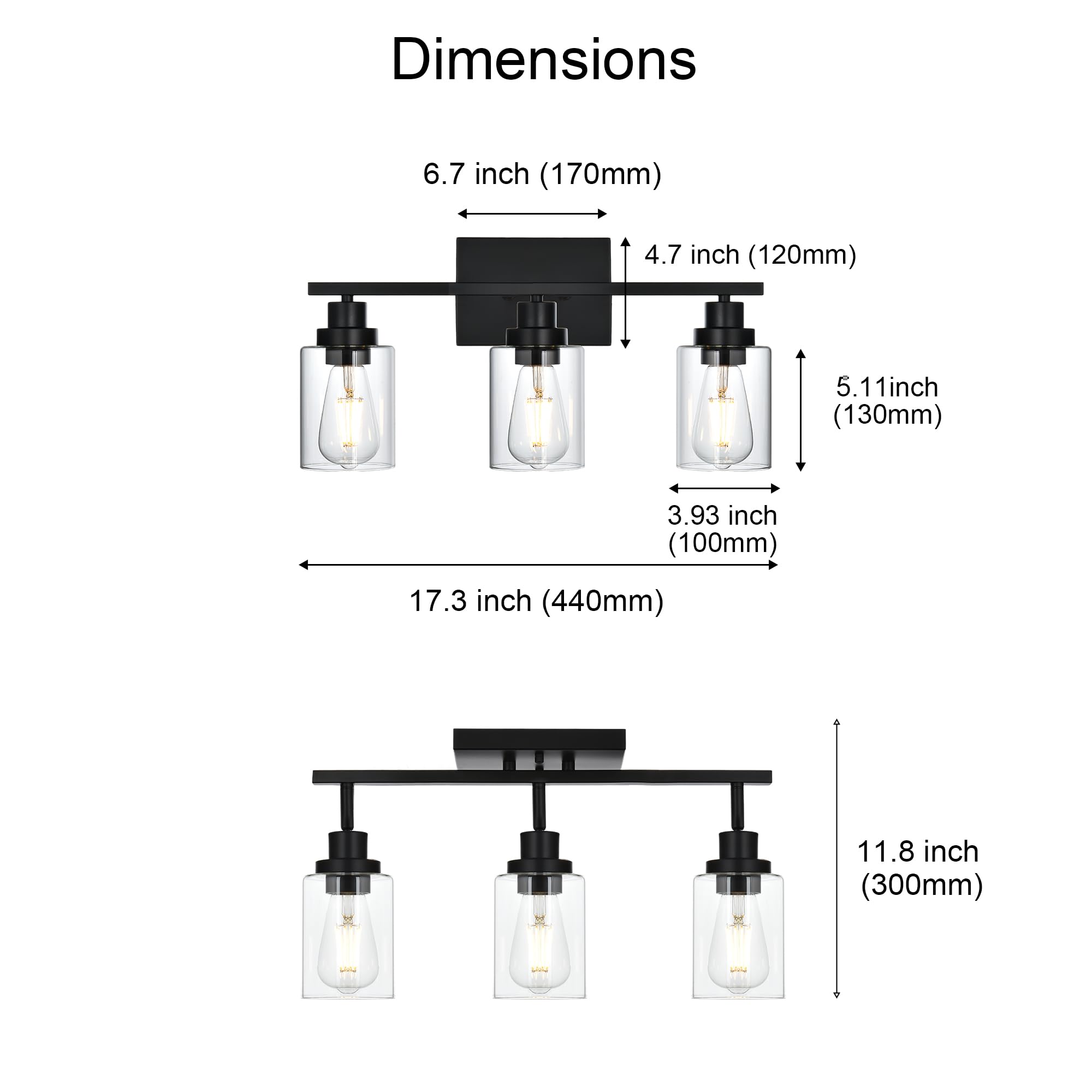 Wanluce 3-Light Black Track Lighting Kit, Rotatable Spotlight with Clear Glass Shade, Model 16450SP-3BL for Kitchen and Bathroom