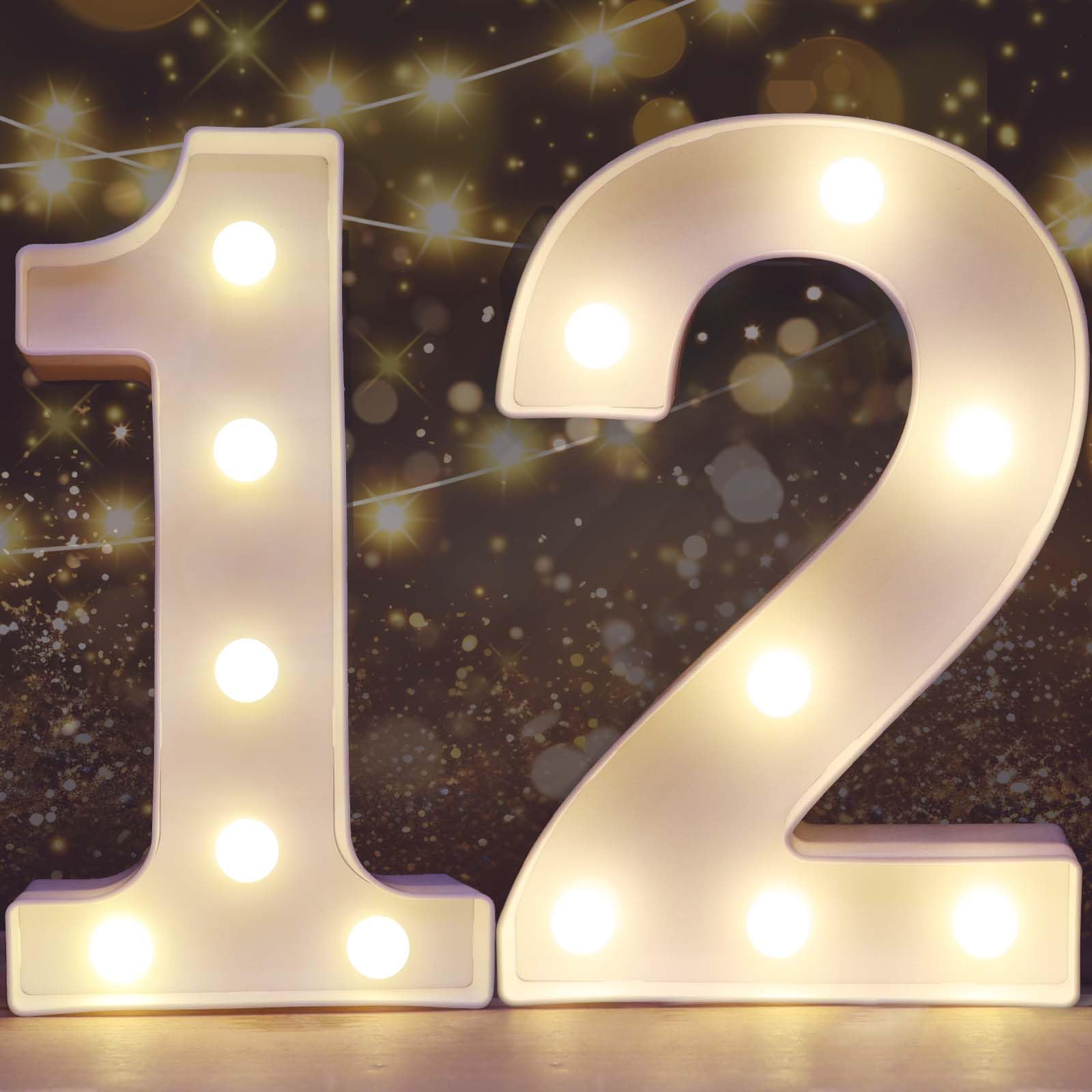 Pooqla Decorative Led Light Up Number Letters, White Plastic Marquee Number Lights Sign for 12th Birthday Party Wedding Decor Battery Operated Number (12)