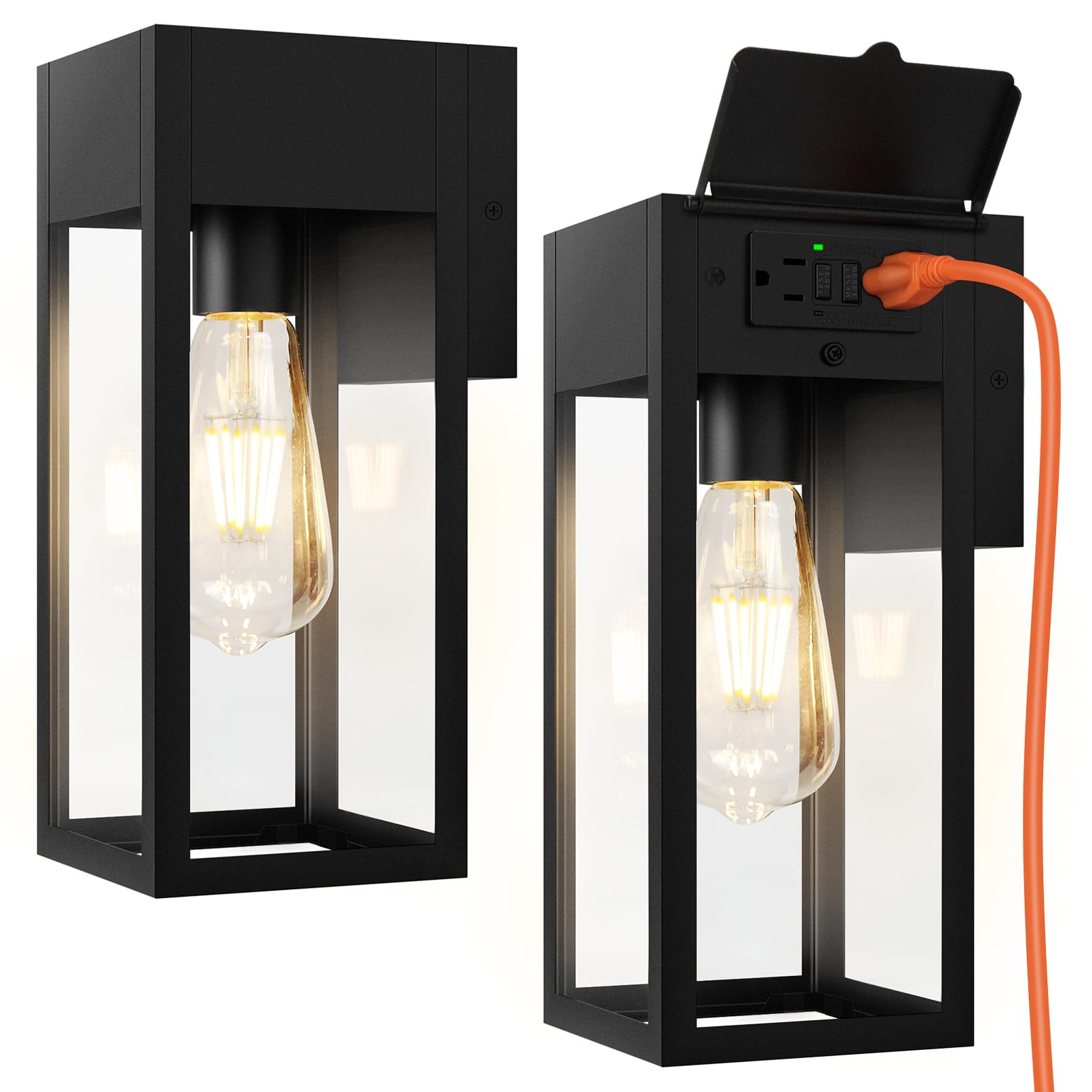Oykyohei Outdoor Wall Lanterns With Gfci Outlet, Waterproof, Anti-Rust, 2 Pack - Black