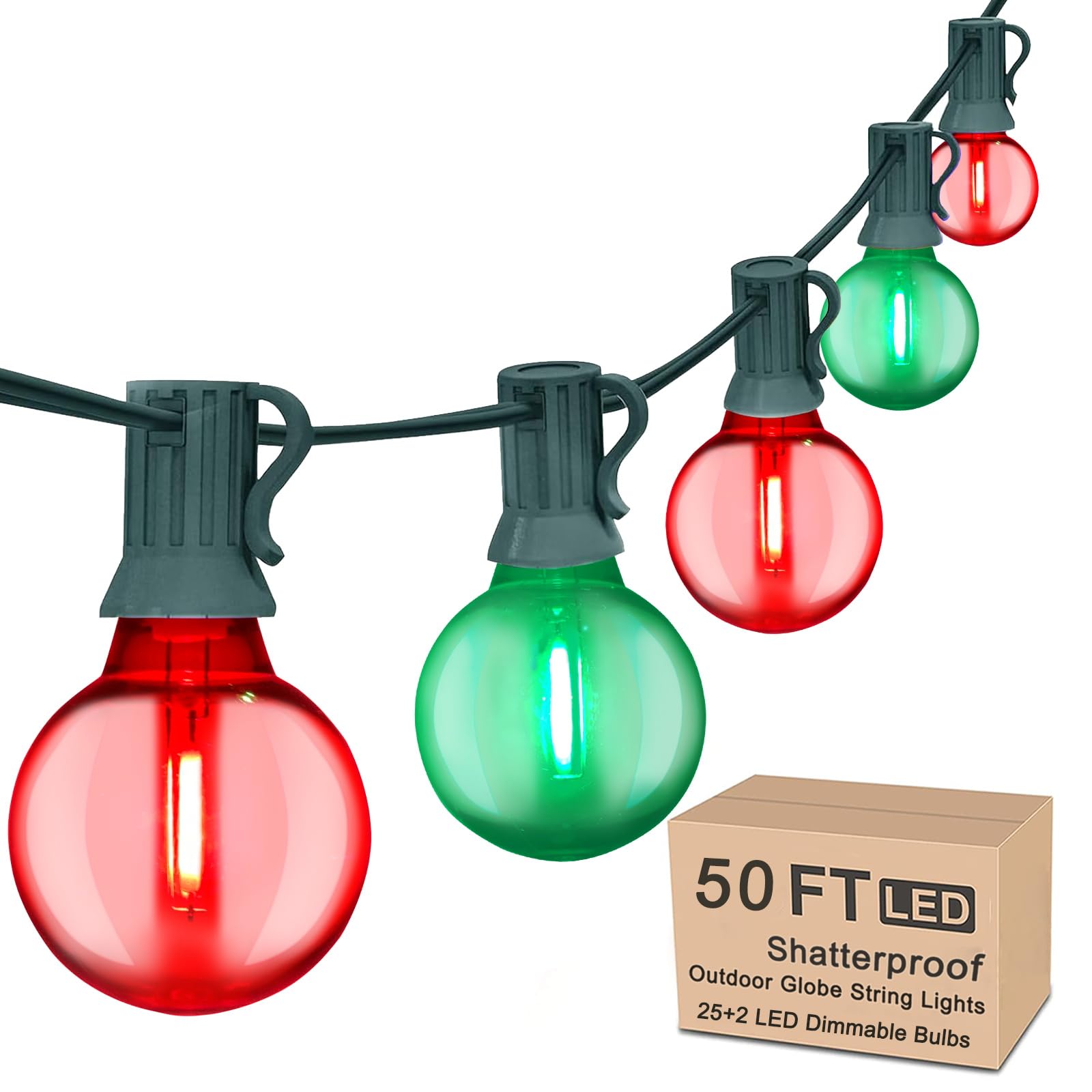50FT Vintage Christmas Lights Outdoor, G40 LED Globe Outdoor Christmas Lights with 27 LED Clear Red Green Lights(2 Spare), Round