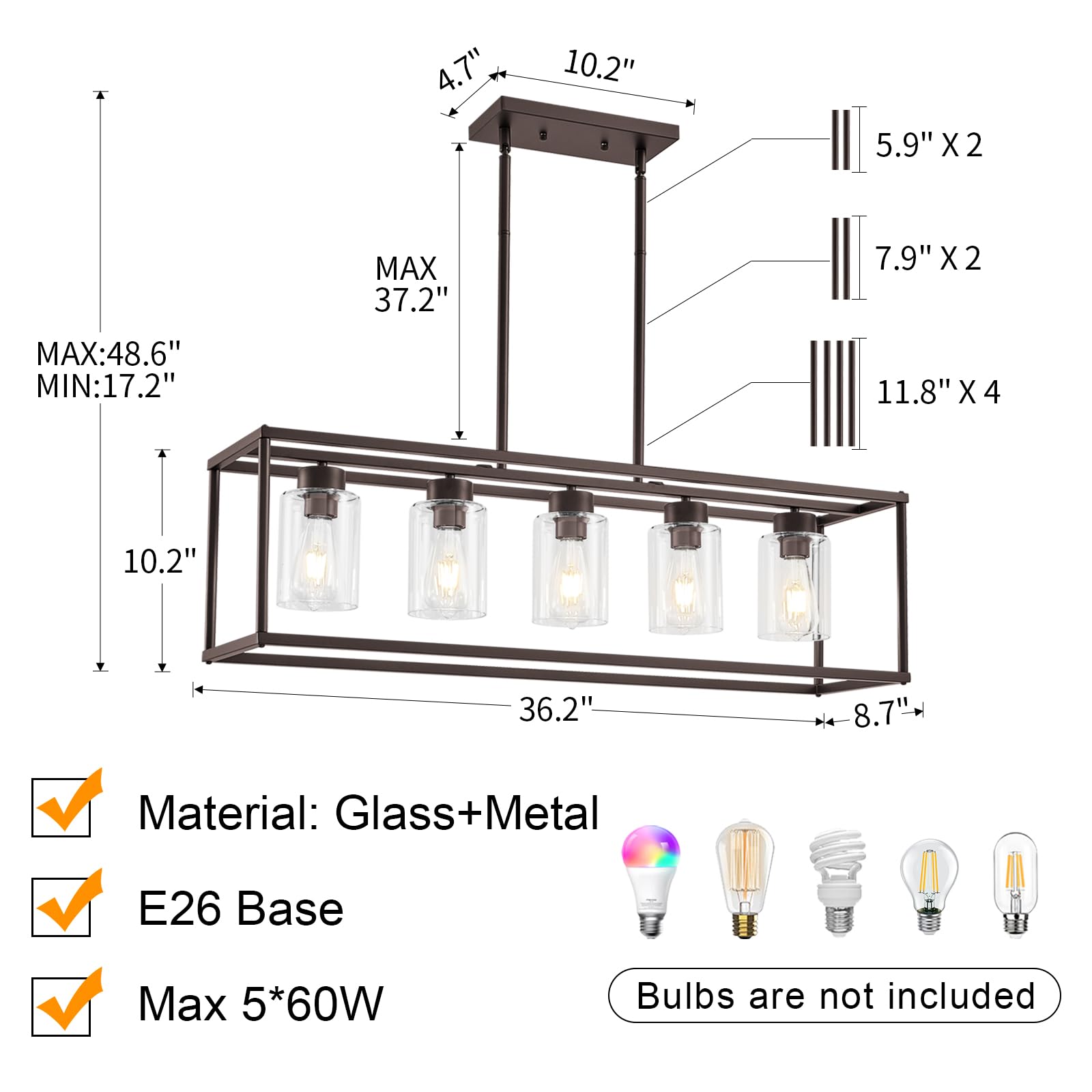 Hccz 5-Light Oil Rubbed Bronze Chandelier - Modern Farmhouse Pendant For Dining & Kitchen Island