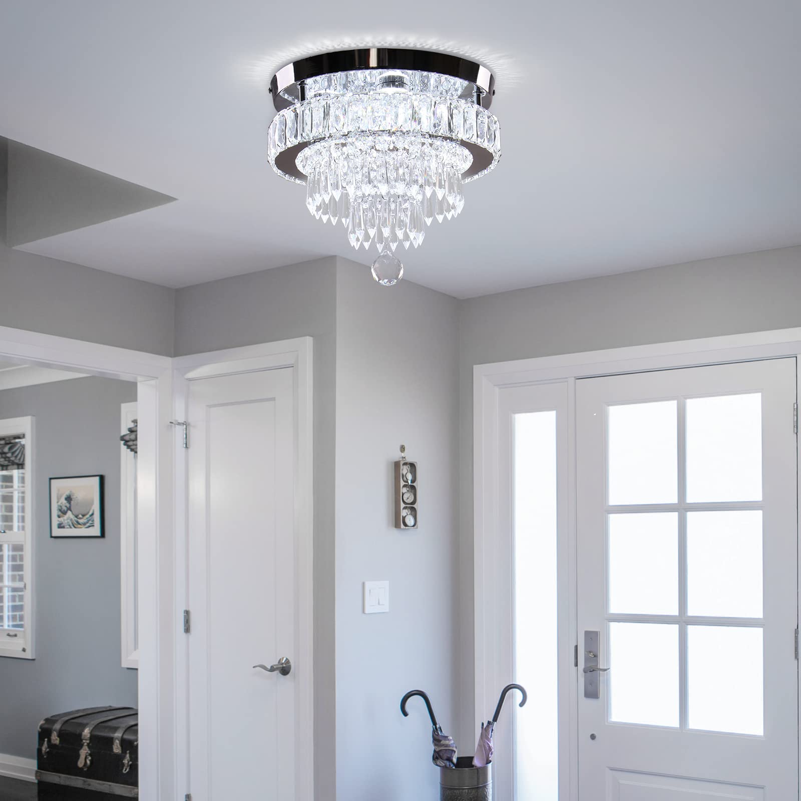 Cainjiazh Dimmable Crystal Chandelier 11.8" LED Flush Mount, Stainless Steel, Remote Control, 2700K/4000K/6500K for Bedroom/Dining Room