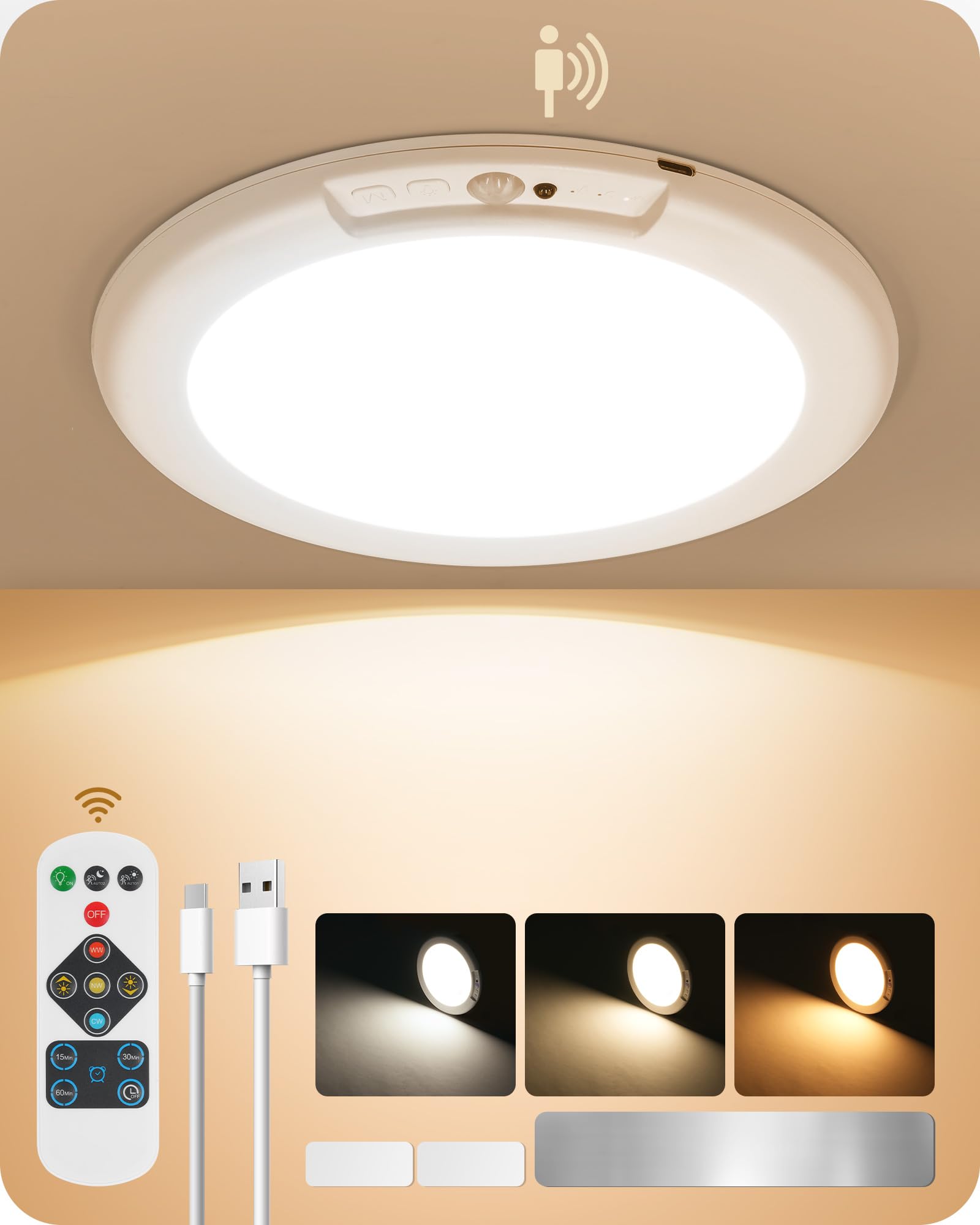 Rechargeable Motion Sensor Ceiling Light with Remote, Wireless Ceiling Light Battery Operated, No Wiring, Magnetic, 3 Colors, Di