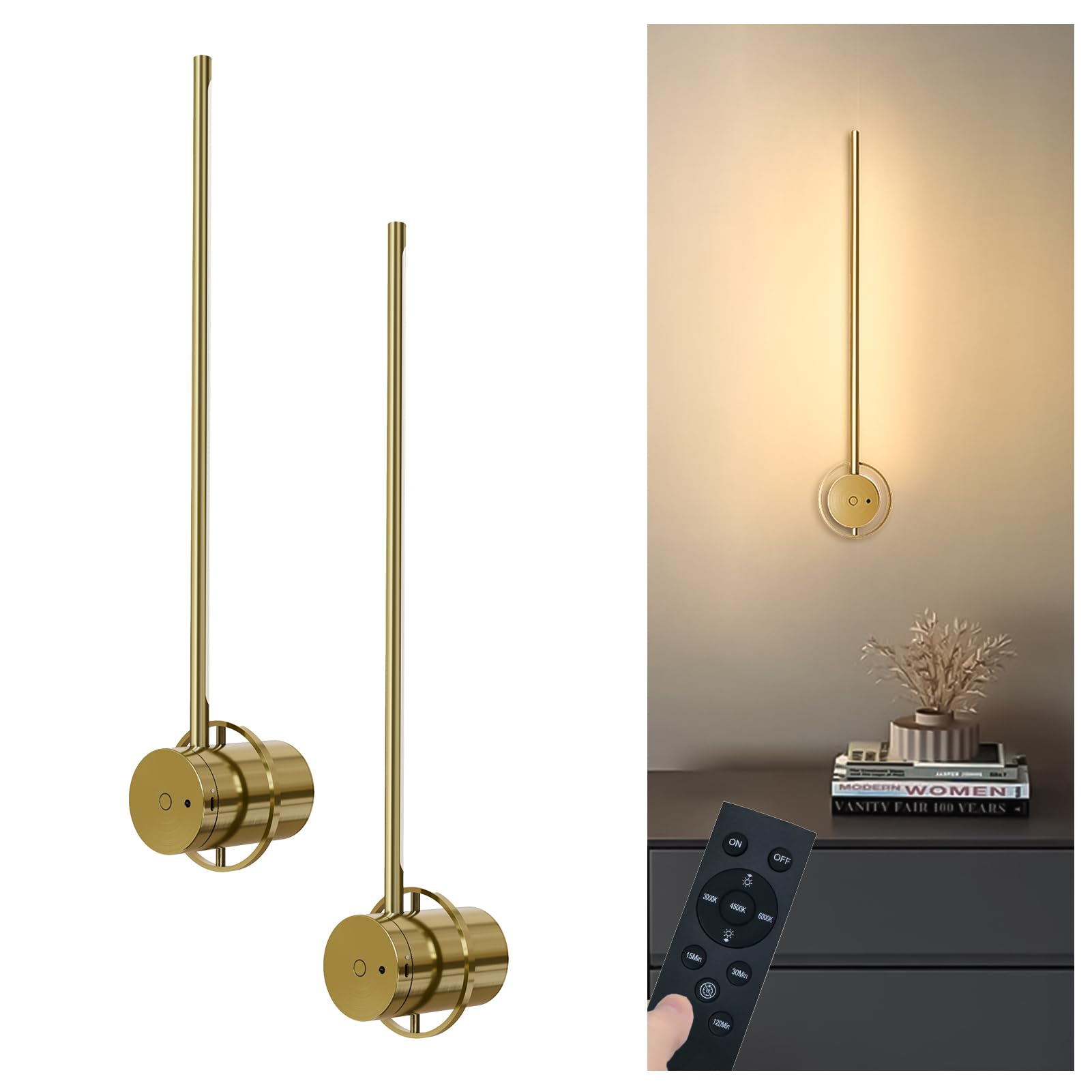 Wireless Wall Sconces Set Of Two, 23.6'' Rechargeable Art Display Light, 3 Color Temperature Dimmable With 350? Rotation Wireles