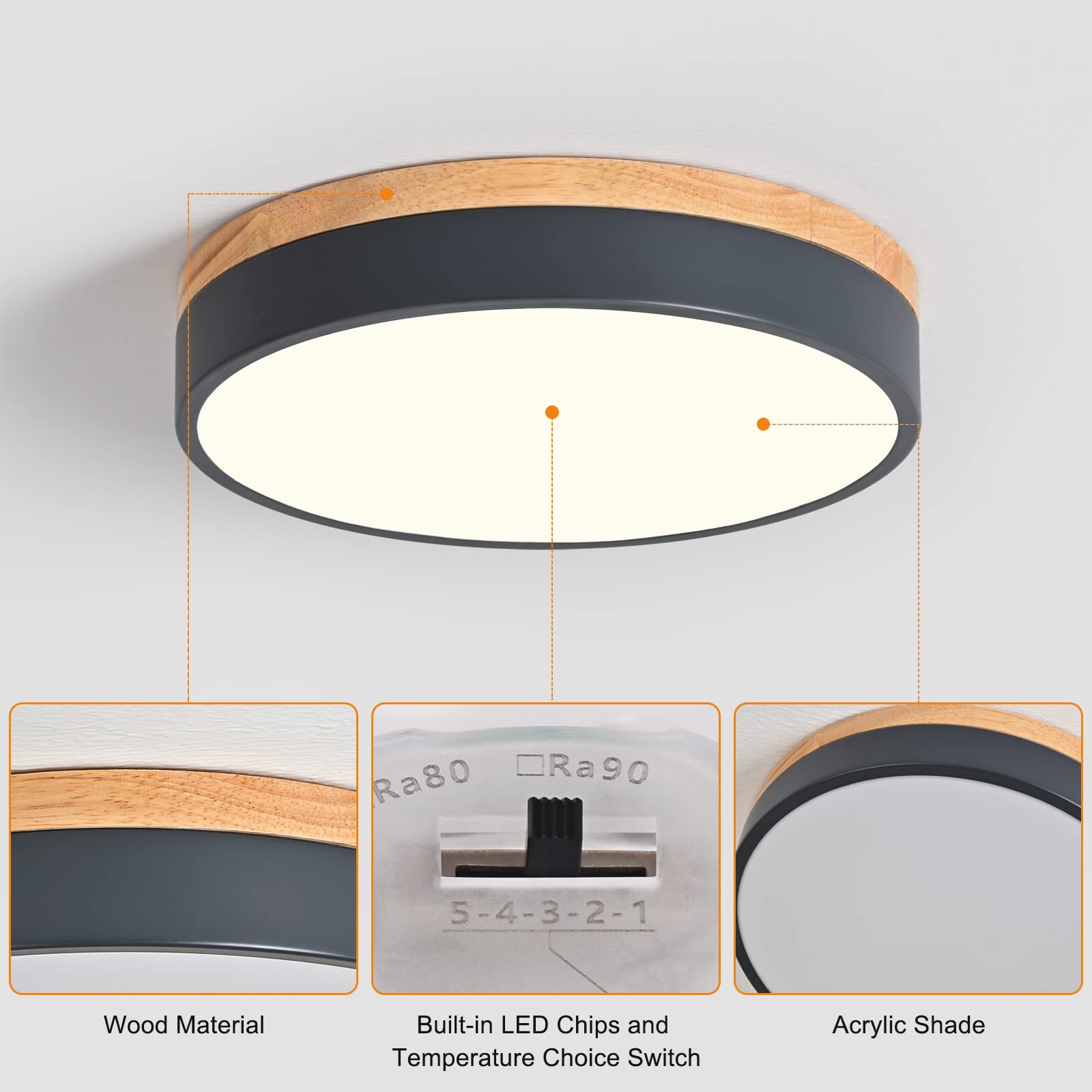 Yiisem Dimmable Wood Led Flush Mount Ceiling Light, 5Cct 2700K-6000K Modern Round Close To Ceiling Lighting Fixtures, Minimalist