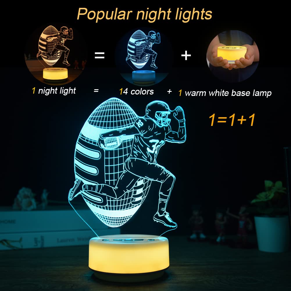 Football Night Light for Kids, Football decor Sports Bedside Lamp for Football Fan, with Remote Control / Buttons + 14 Color + T