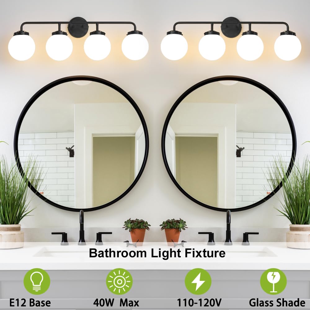 Deyidn Bathroom Light Fixtures Over Mirror, 4-Light Matte Black Vanity Lighting With Milk White Glass Globe Shades Modern Wall S