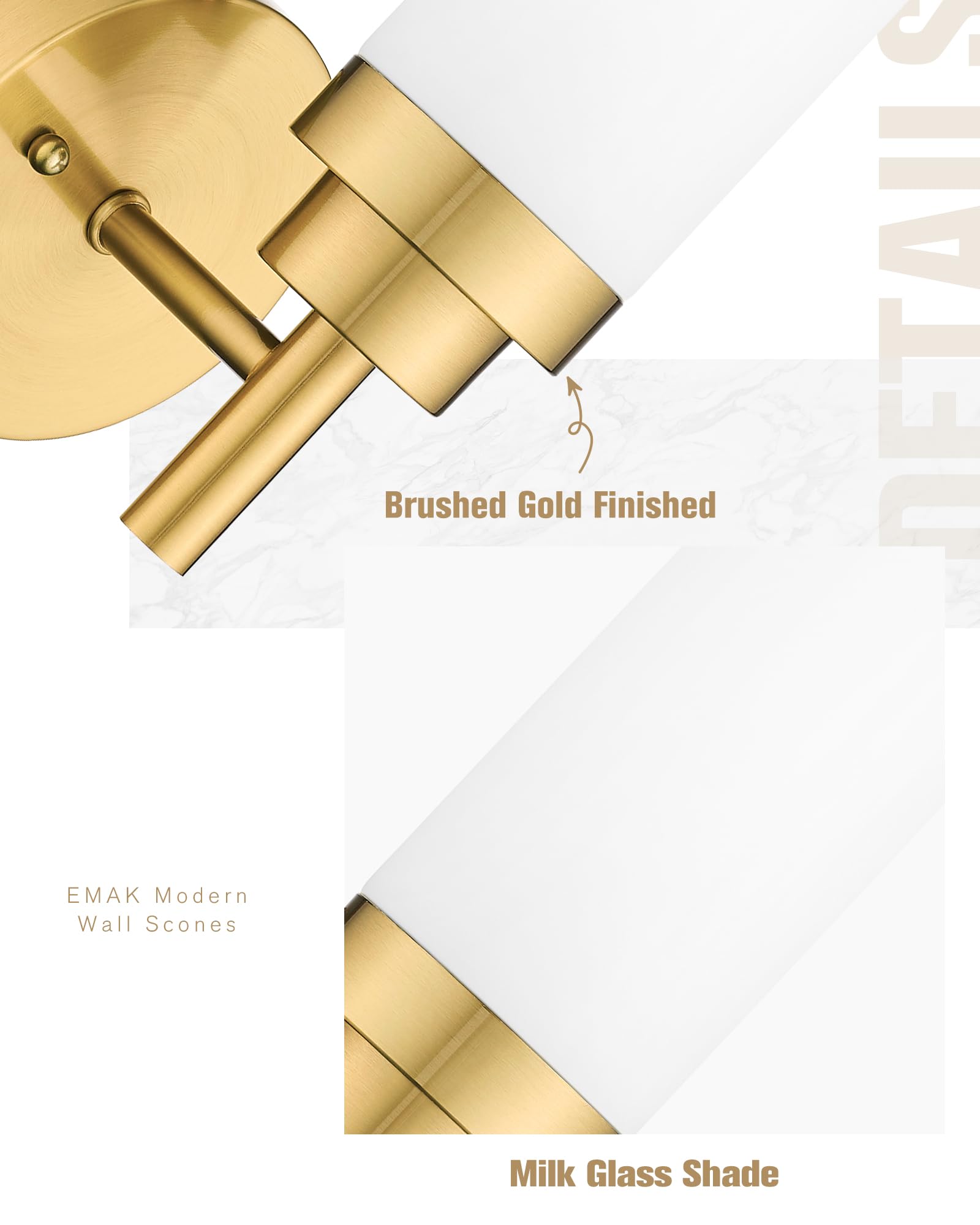 Emak Modern Brushed Gold Wall Sconces Set of 2, 13" Milk Glass Shade Lighting, Model WS085-BGD-ML-2PK for Bathroom & Hallway