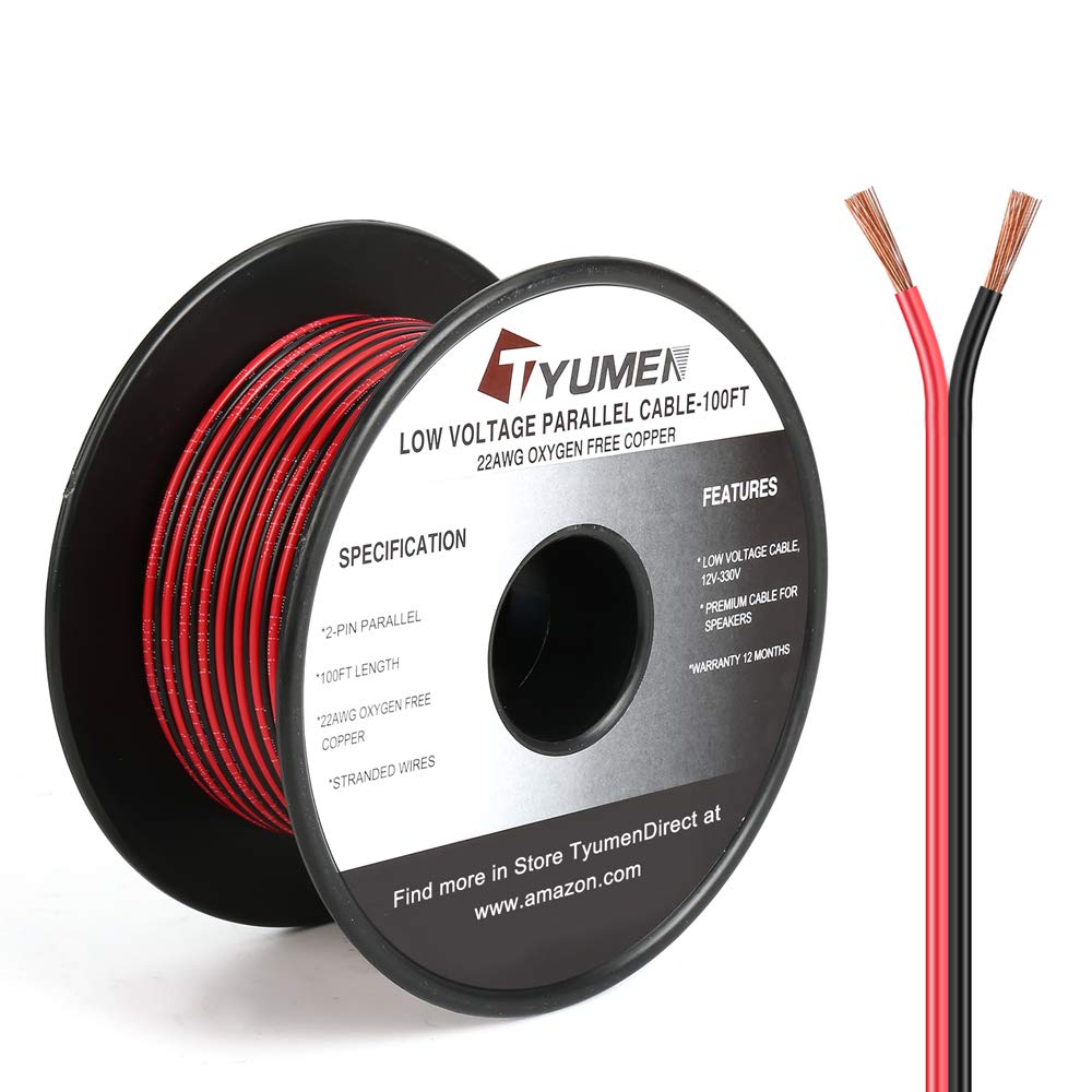 Tyumen 22AWG Electrical Wire, 100FT Pure Copper, 2-Pin Low Voltage Extension Cord, Model TY-1-112, Red Black Color