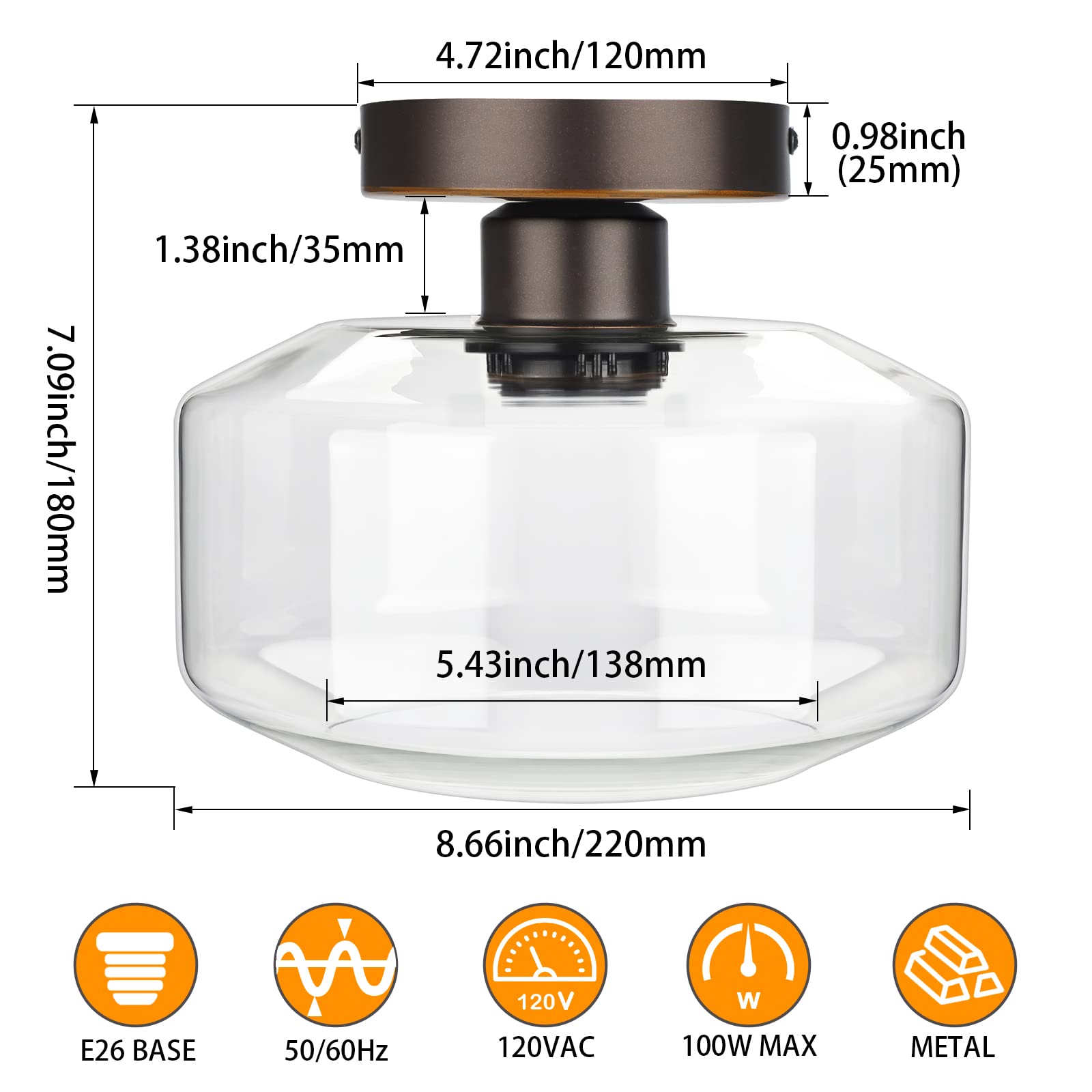 Maxvolador Industrial Semi Flush Mount Ceiling Light, Clear Glass Pendant Lamp Shade, Oil Rubbed Bronze Farmhouse Lighting, Hang