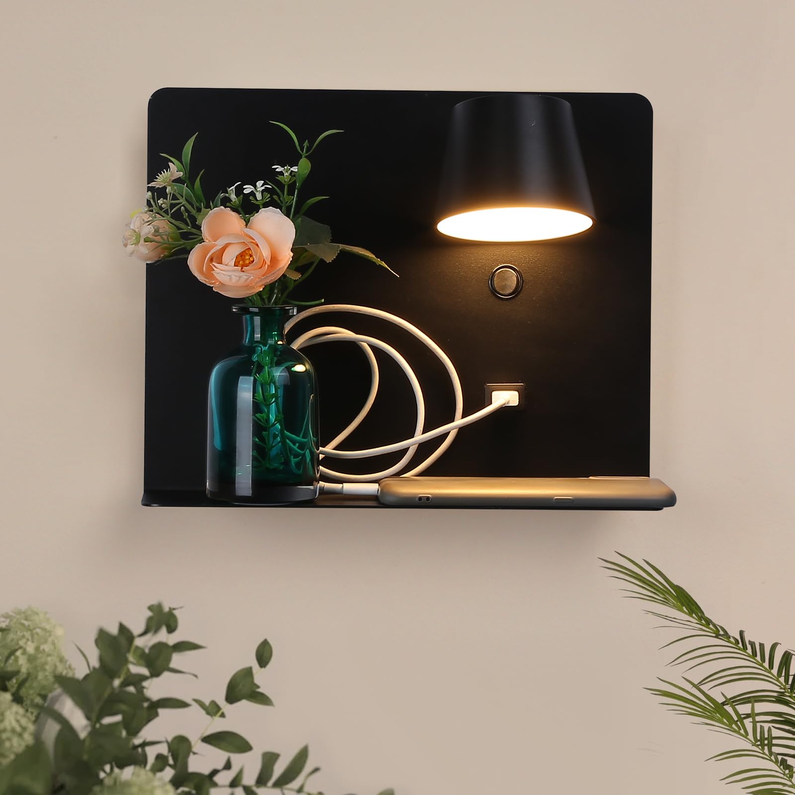 Cosylux Led Plug In Wall Sconce With Shelf, Cordless Metal Reading Wall Lamp For Bedroom, Living Room, 6W, 450Lms, 2700K Rotatable Modern Wall Light Fixtures With Usb Charging Port, Black