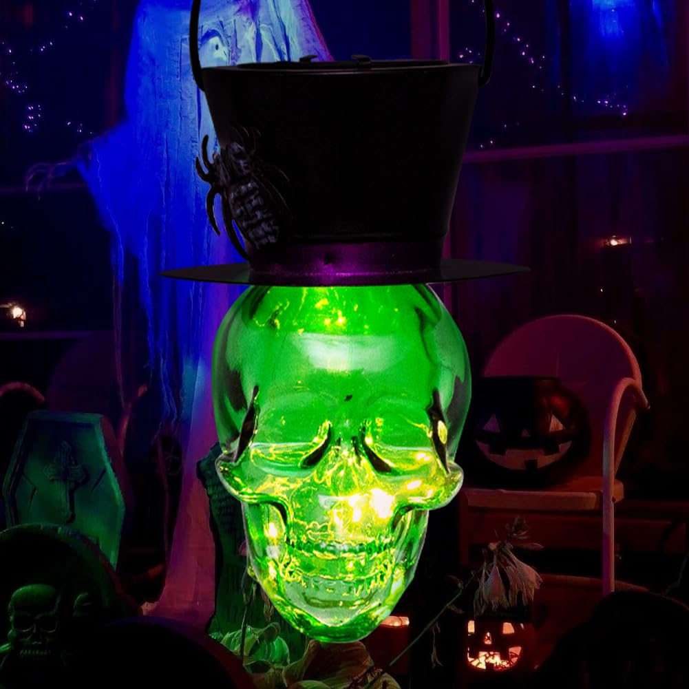 Halloween Skull Decor Hanging Solar Lanterns Lights Decorations Scary Glass Ornaments For Party Garden Porch Yard Patio Lawn (Green)