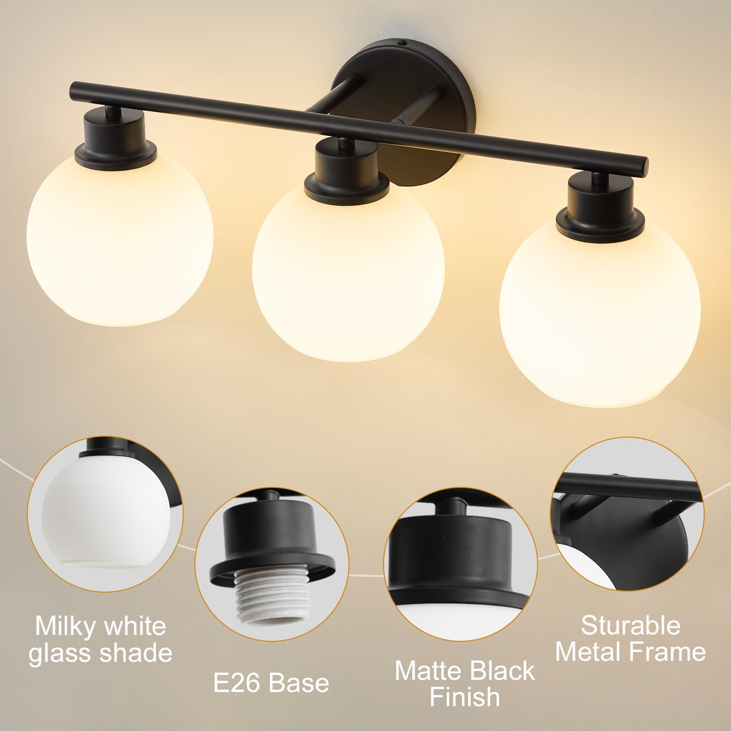 Lanmate Bathroom Vanity Light Fixture, 3-Light Over Mirror, Milk White Glass Shade, 21.65 inch, Matte Black, Mid Century Sconce