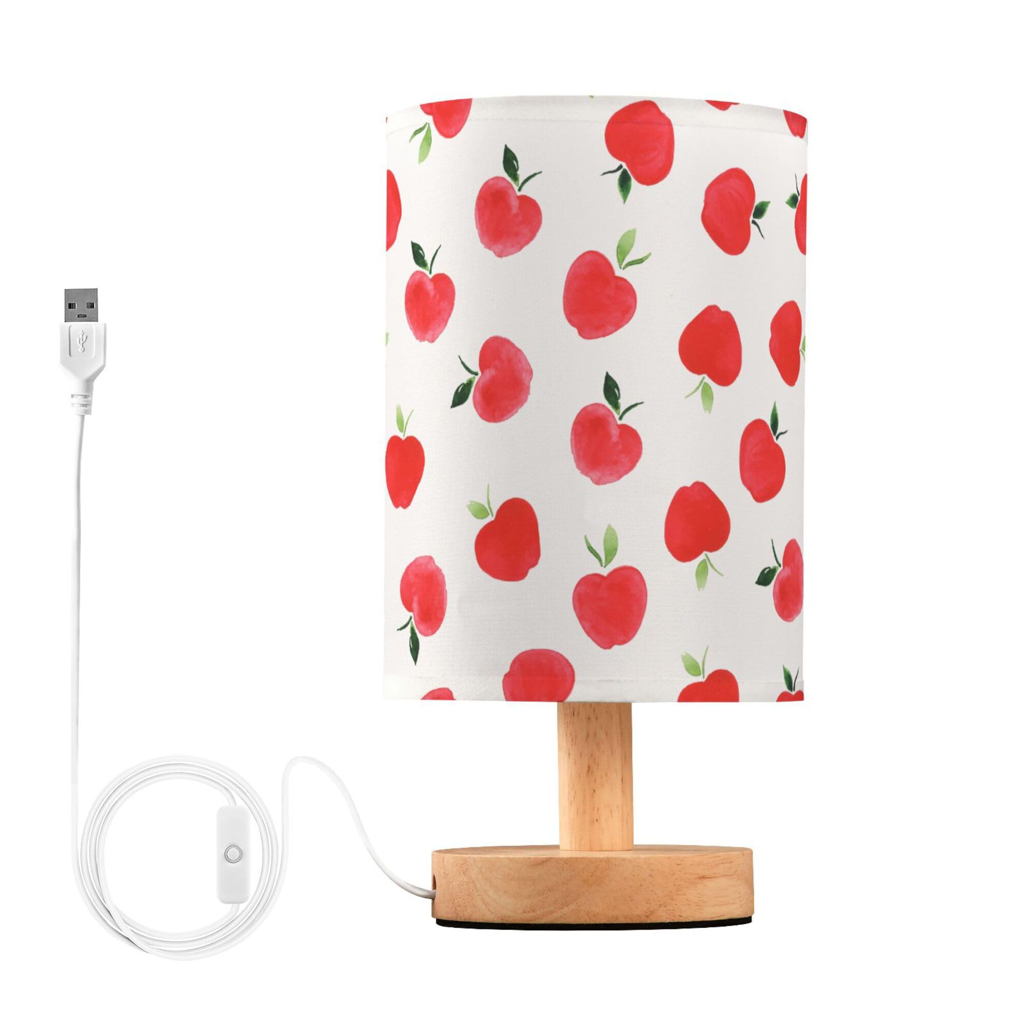 YYZZH Table Lamp Watercolor Red Apple Pattern White Nightstand Lamp with Wood Base Fabric Lamp Shade Bedside Desk Lamp for Livin