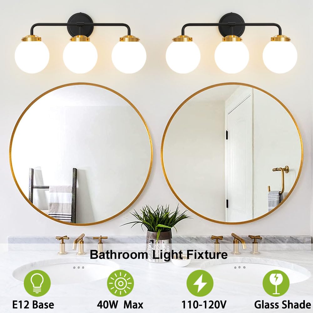 Deyidn Black Gold Bathroom Light Fixtures Above Mirror, Modern Vanity Lighting With White Glass Globe Shade 3-Light Farmhouse Wa