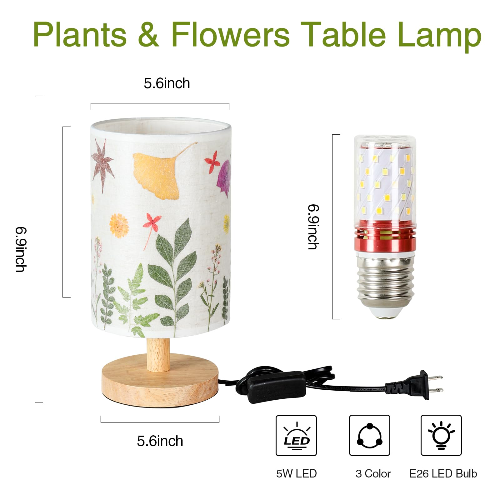 Floresita Pressed Flowers Table Lamp - 5W LED, 3 Color Temperatures, Linen Shade, Wood Base, Round-Leaves Design for Bedroom & Office