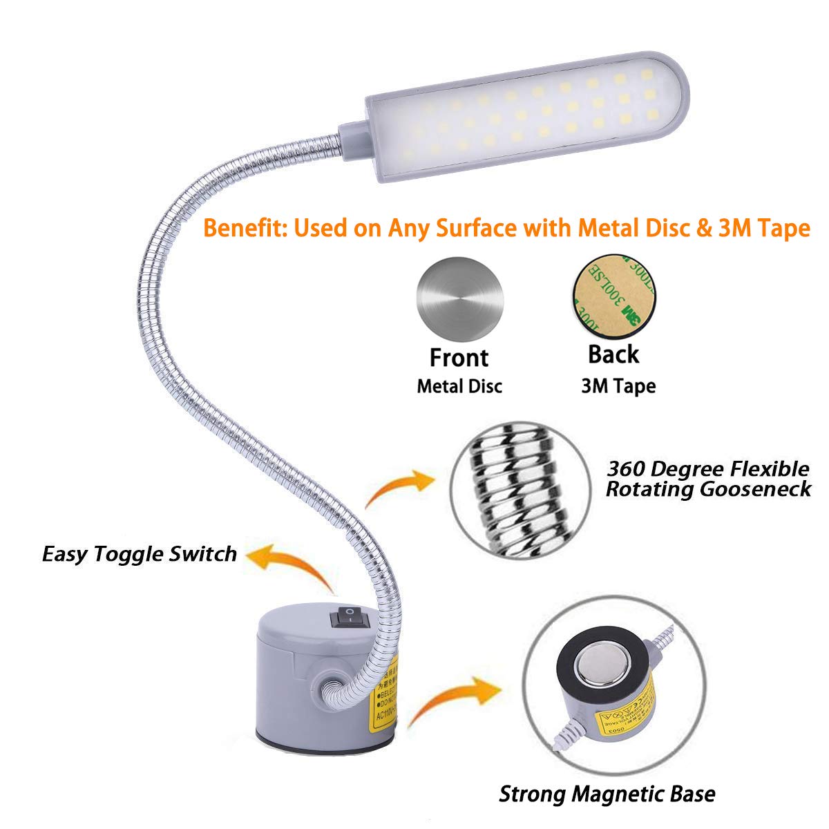 EVISWIY Sewing Machine Light LED, 30 LEDs, 6W, Flexible Gooseneck, Magnetic Base, 3 Pack, Silver, Model 4233