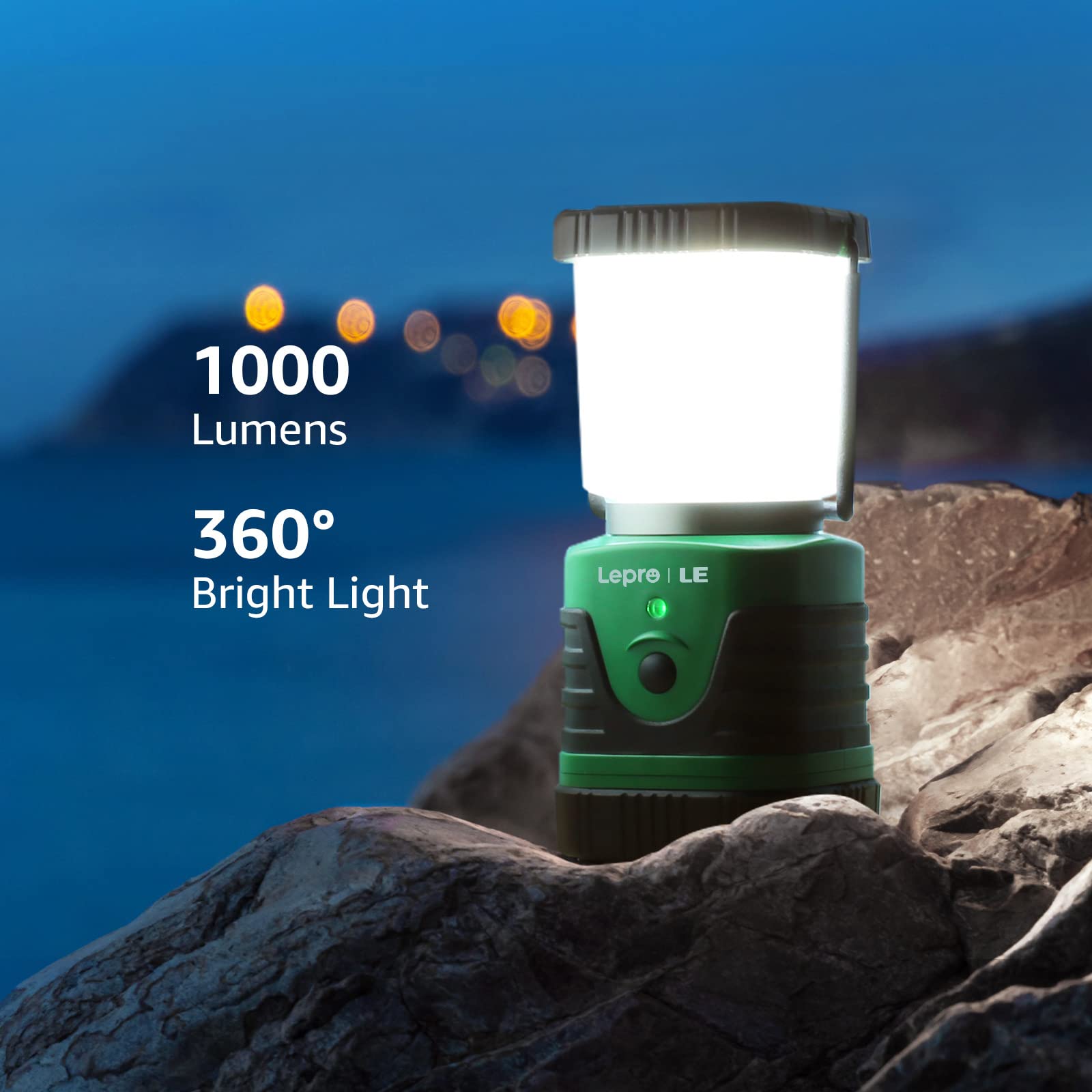 Lighting EVER LED Camping Lantern 1000LM, 4 Light Modes, Rechargeable, IP44 Waterproof, Green/Black, Model 3300008-2