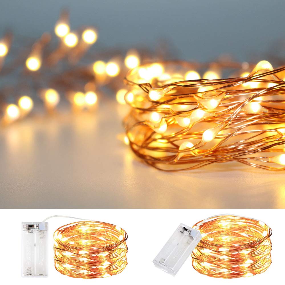 Baisico Waterproof Led String Lights, 2 Pack 20Ft, 60 Warm White Copper Wire Fairy Lights
