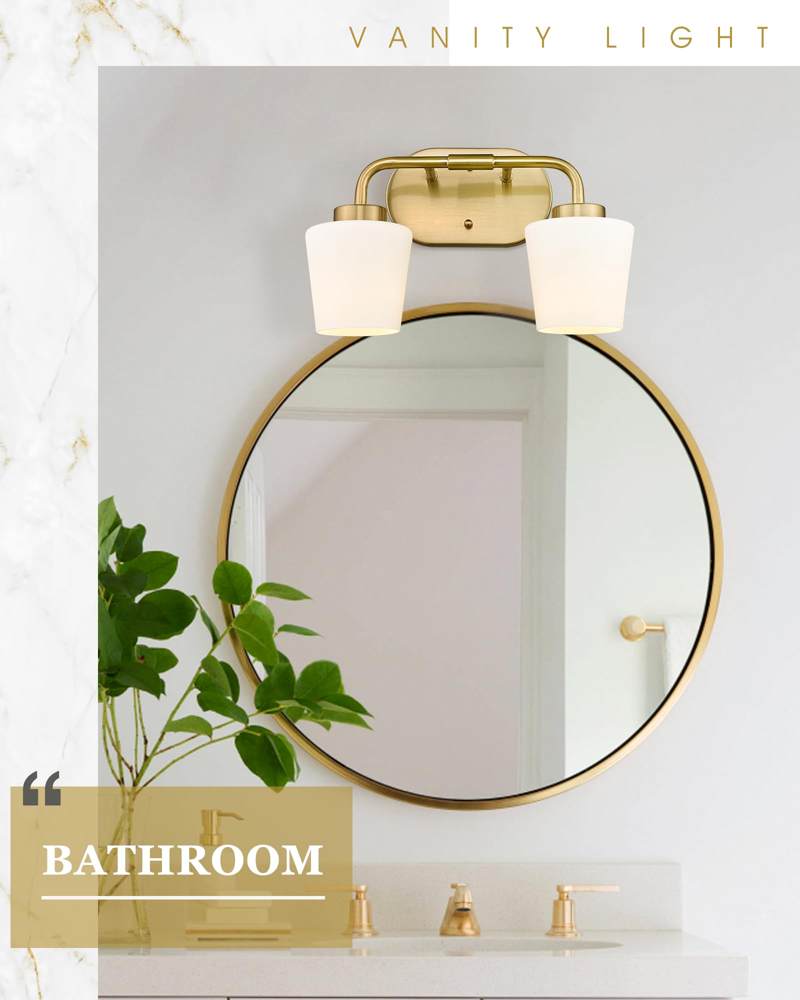 Audickic Brushed Gold Bathroom Vanity Light, Farmhouse Brass Sconces Wall Lighting with Milk White Glass, Champagne Bronze Light
