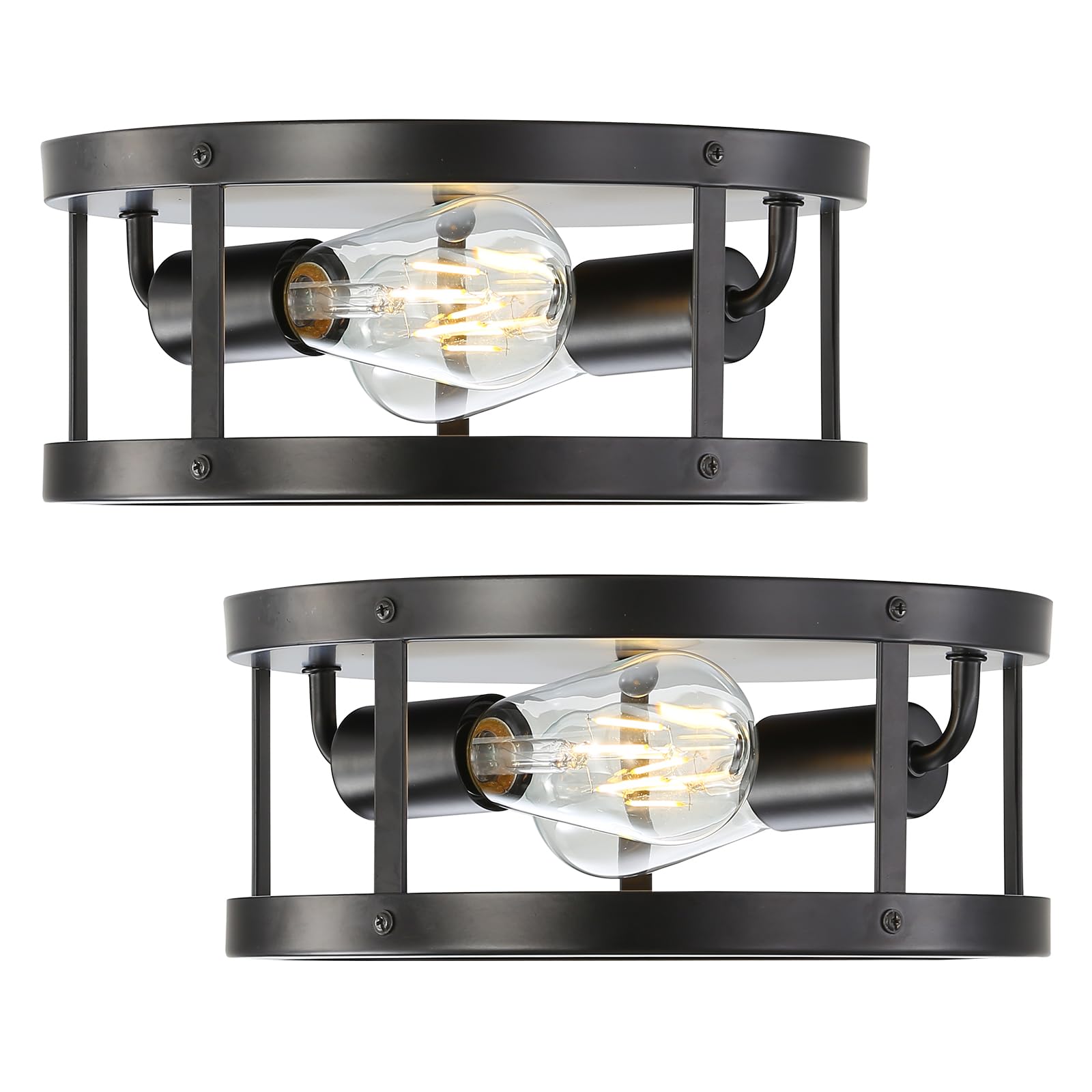 Eietonte Farmhouse Semi Flush Mount Ceiling Light, Black 11inch 2-Light Metal Cage Light Fixture Ceiling Mount, Industrial Close