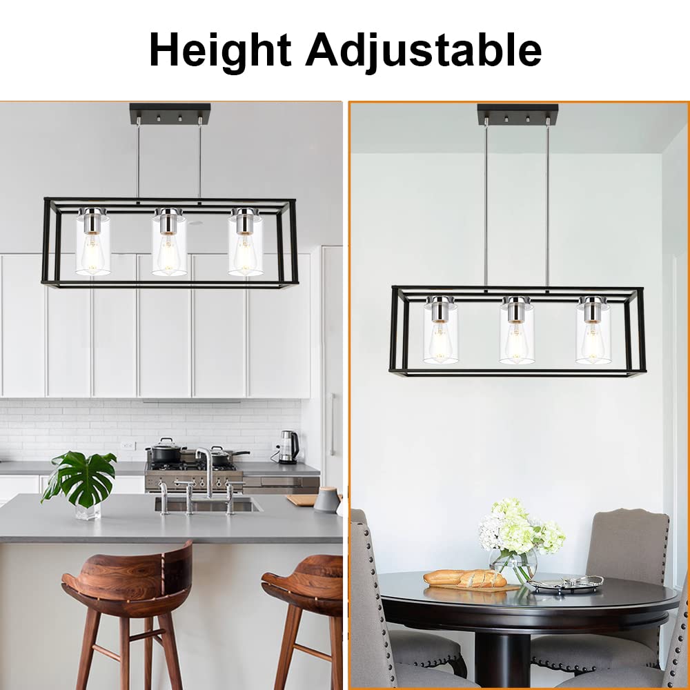 VINLUZ 3 Light Adjustable Pendant Lighting, Black and Chrome, Metal with Clear Glass Shades, Model dc783440